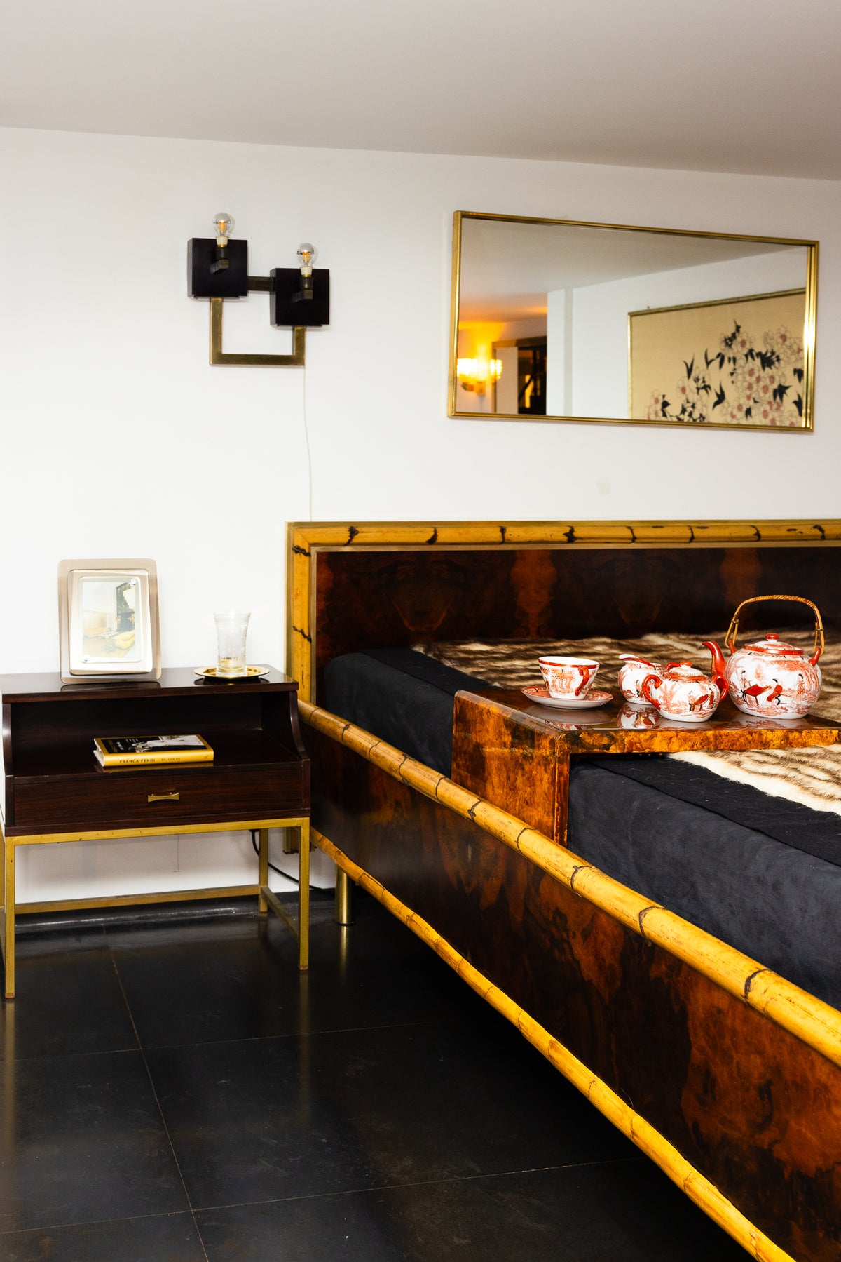 Double bed frame in briarwood and bamboo attributable to Dal Vera, 1970s