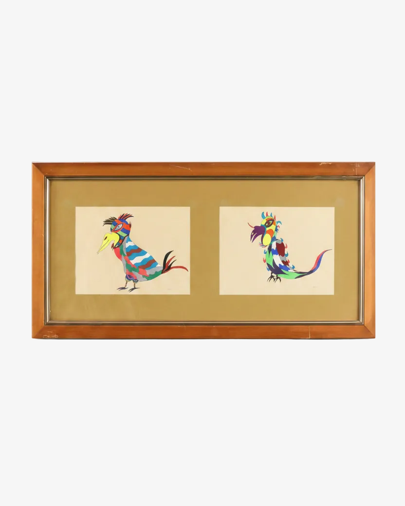 1970s painting Watercolor on paper with abstract birds