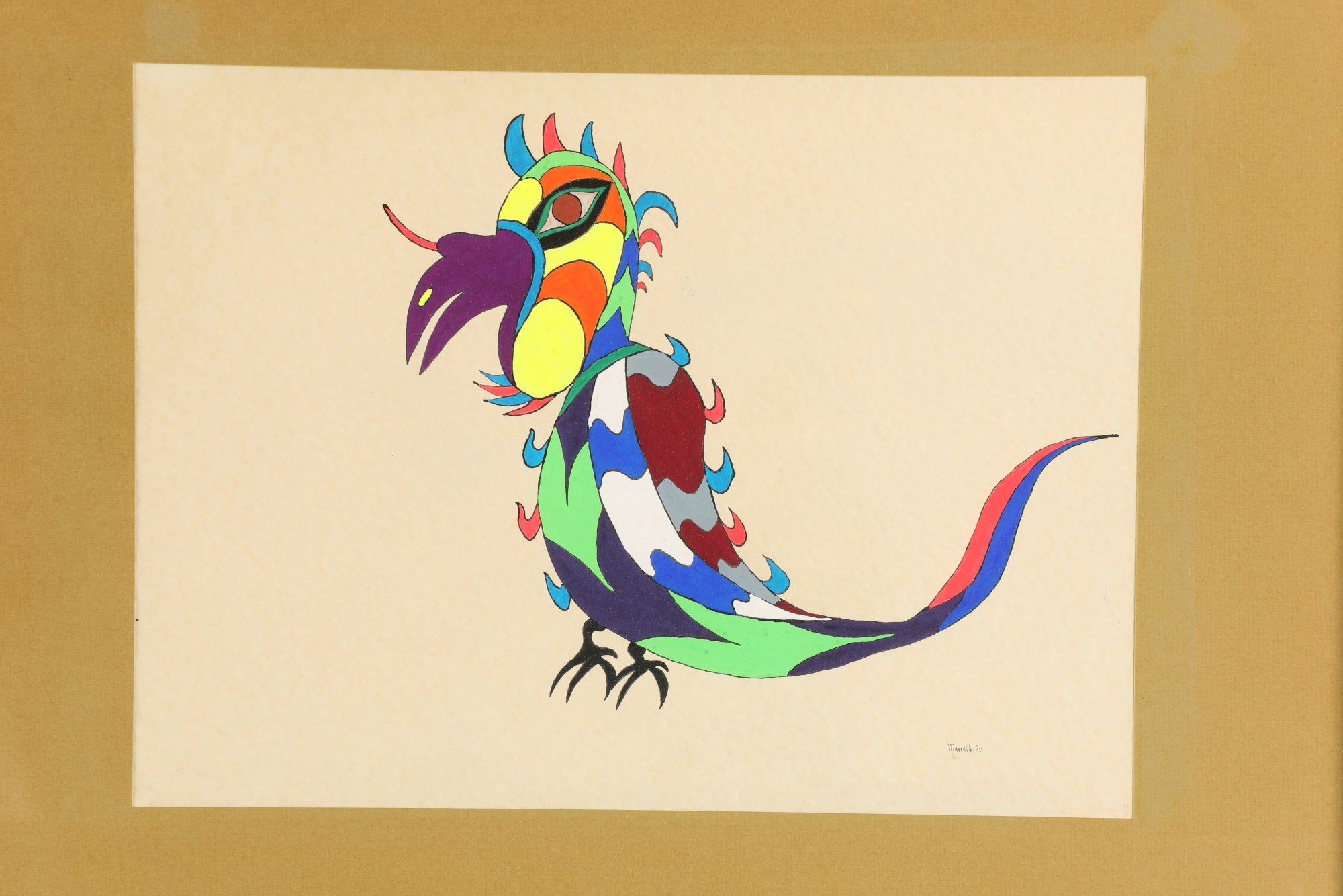 1970s painting Watercolor on paper with abstract birds