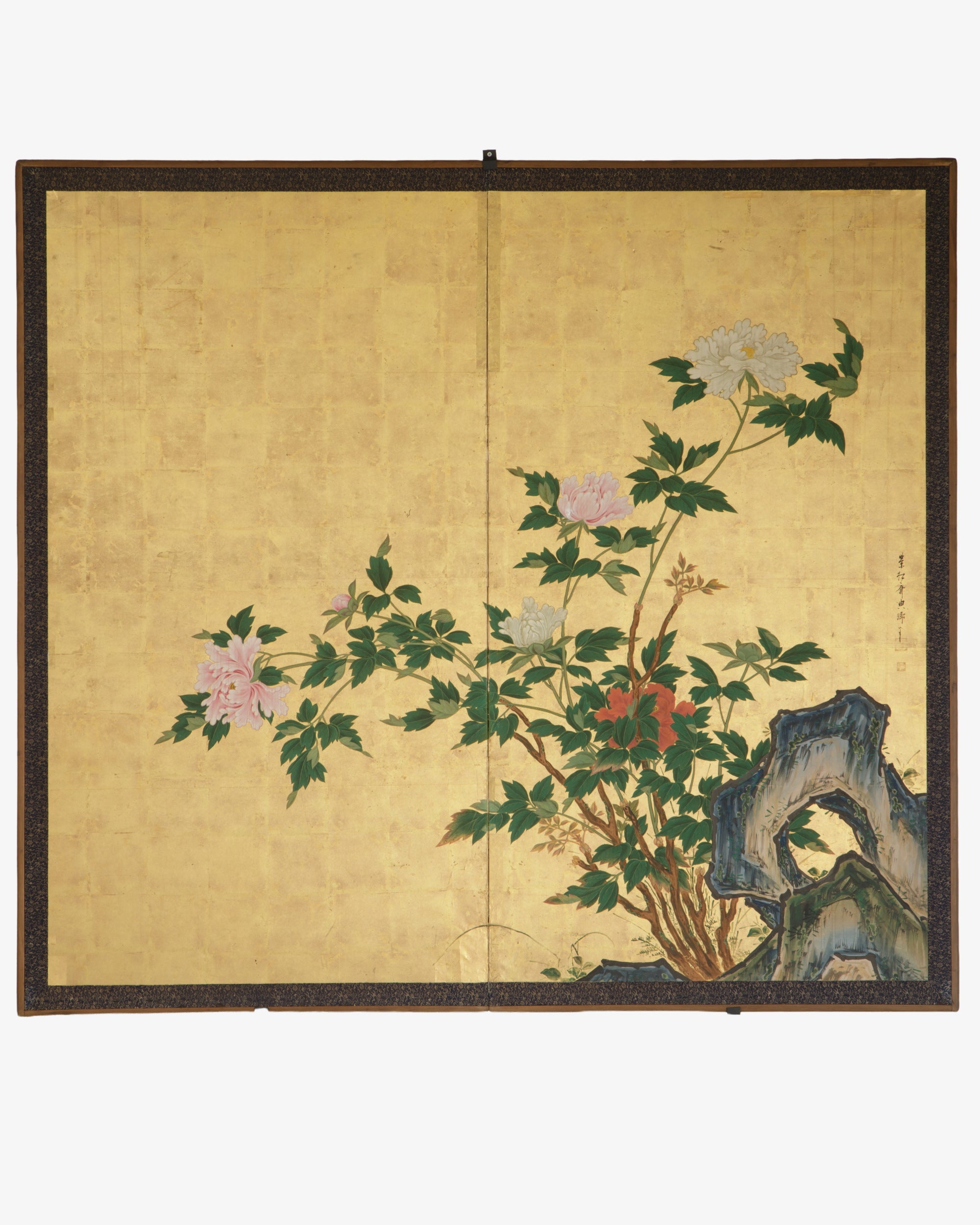 Byōbu con peonie su roccia