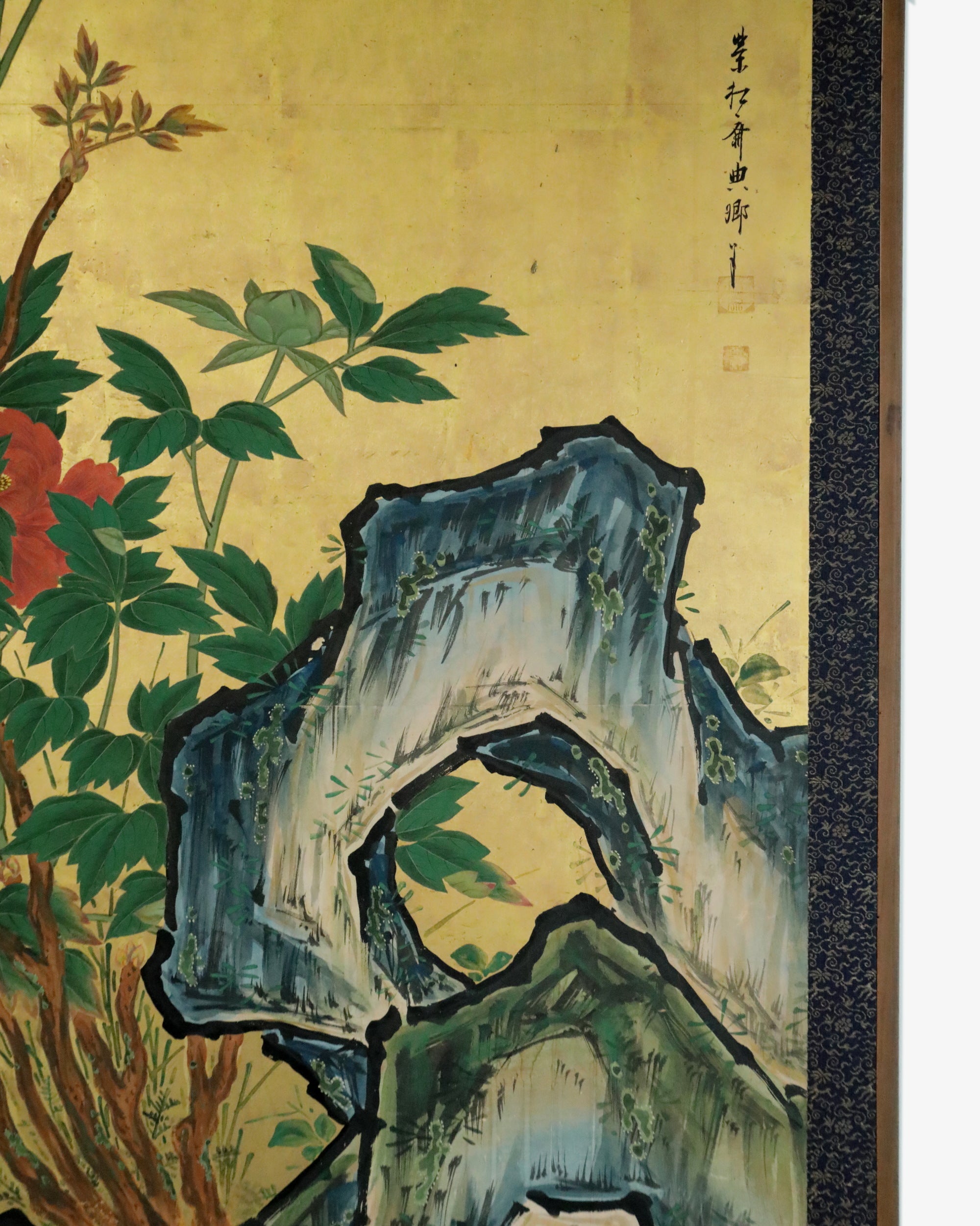 Byōbu con peonie su roccia