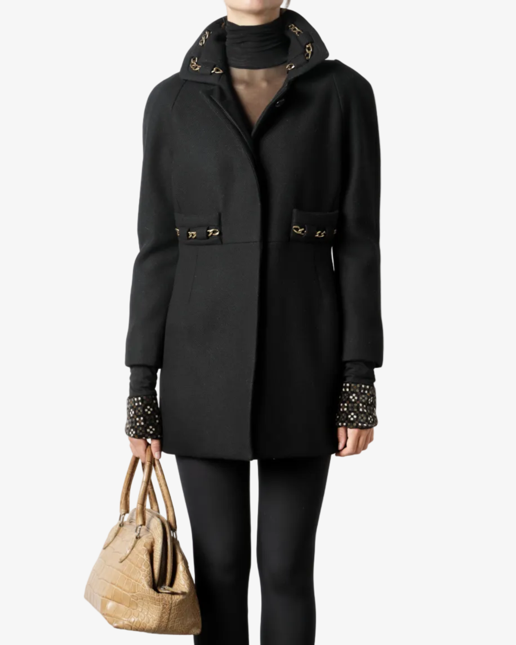 Black Chloe coat with golden chain inserts