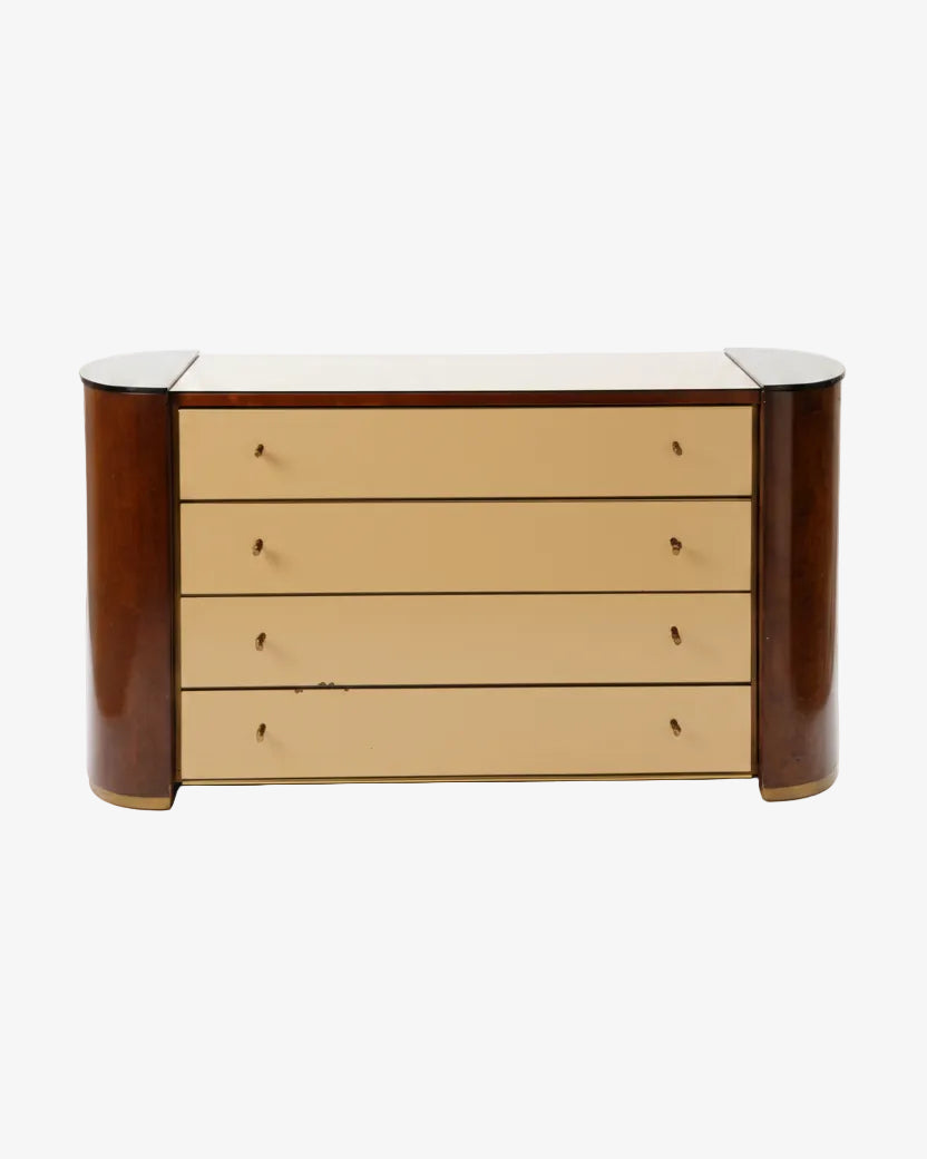 Chest of drawers in briarwood and smoked glass from the 70s