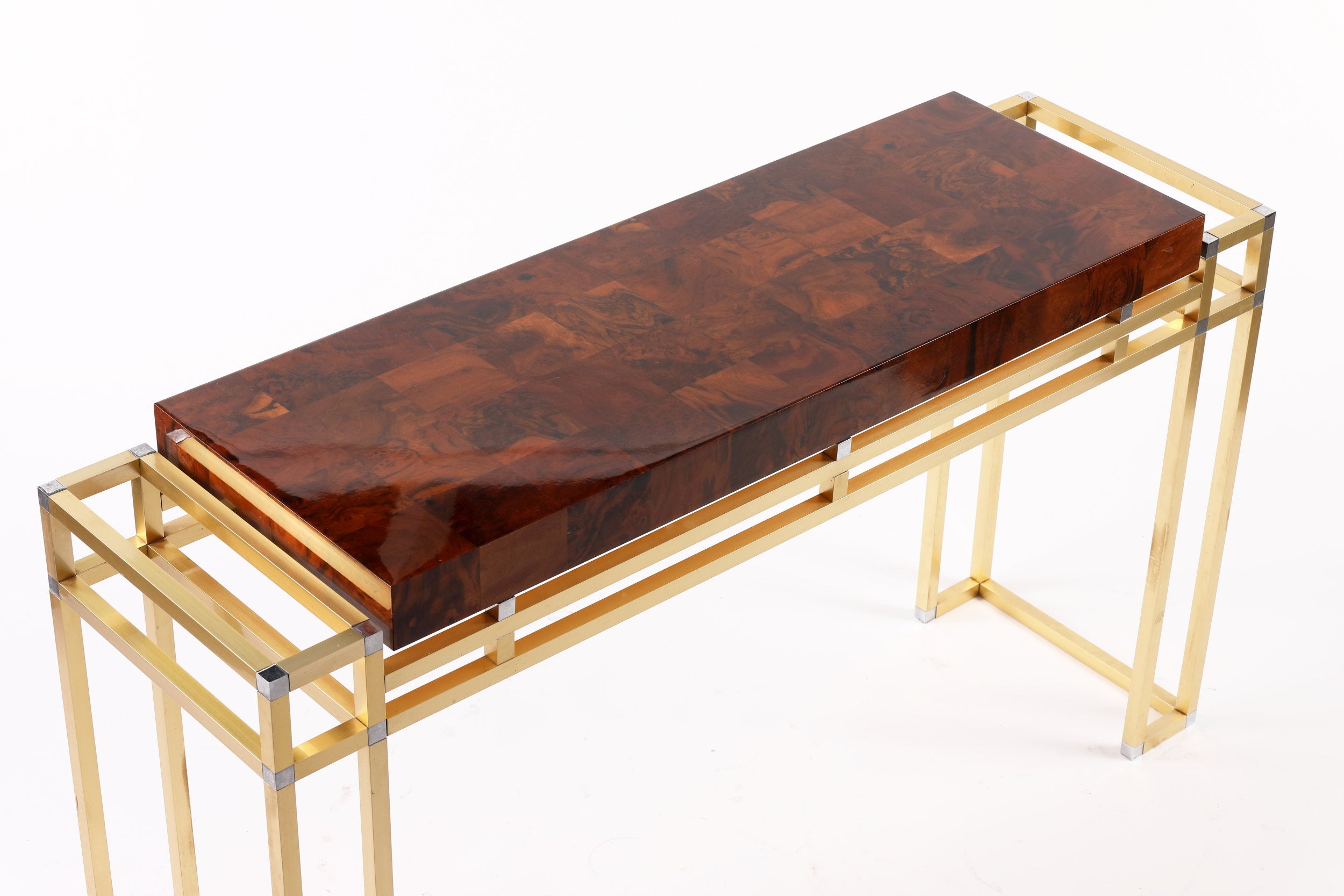 Willy Rizzo console table in briar root, metal and brass from the 1970s