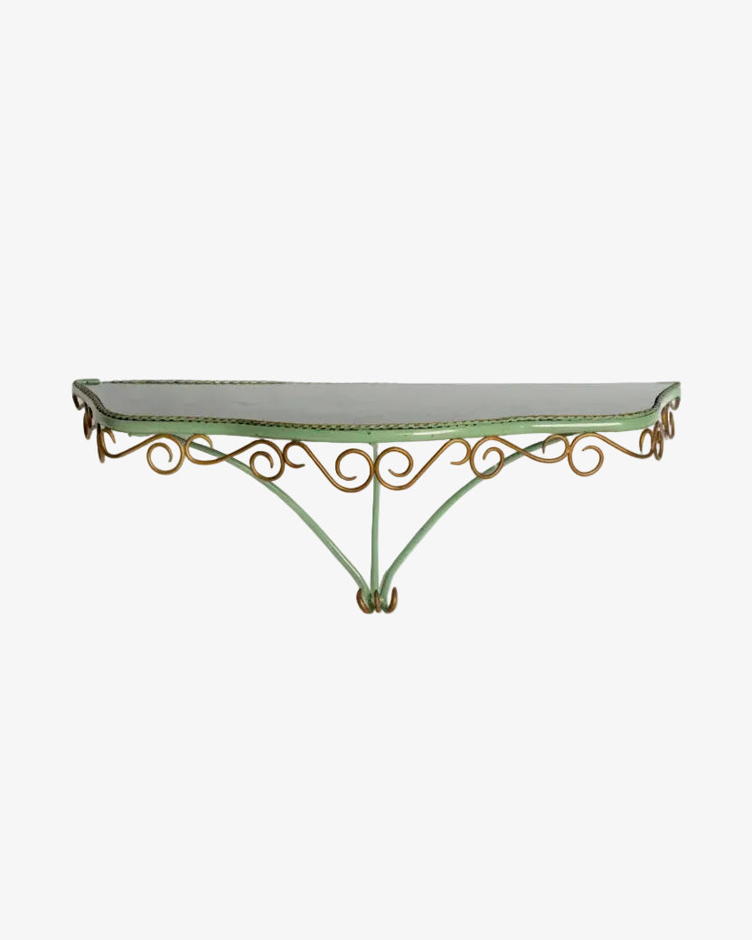 Enamelled iron console table in green marble from the 60s