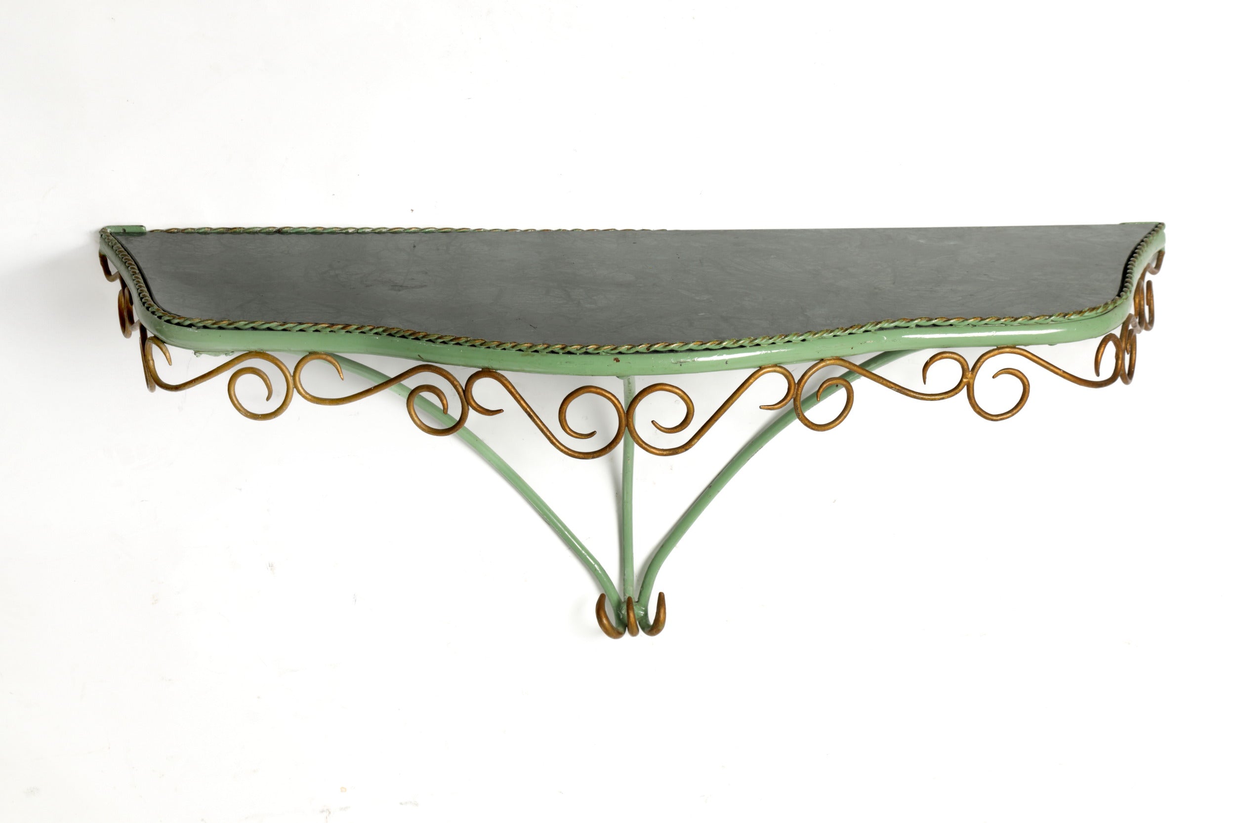 Enamelled iron console table in green marble from the 60s
