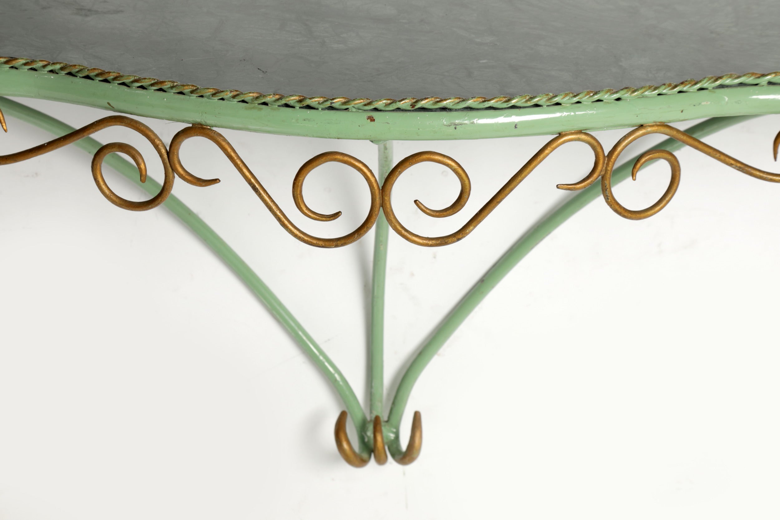Enamelled iron console table in green marble from the 60s