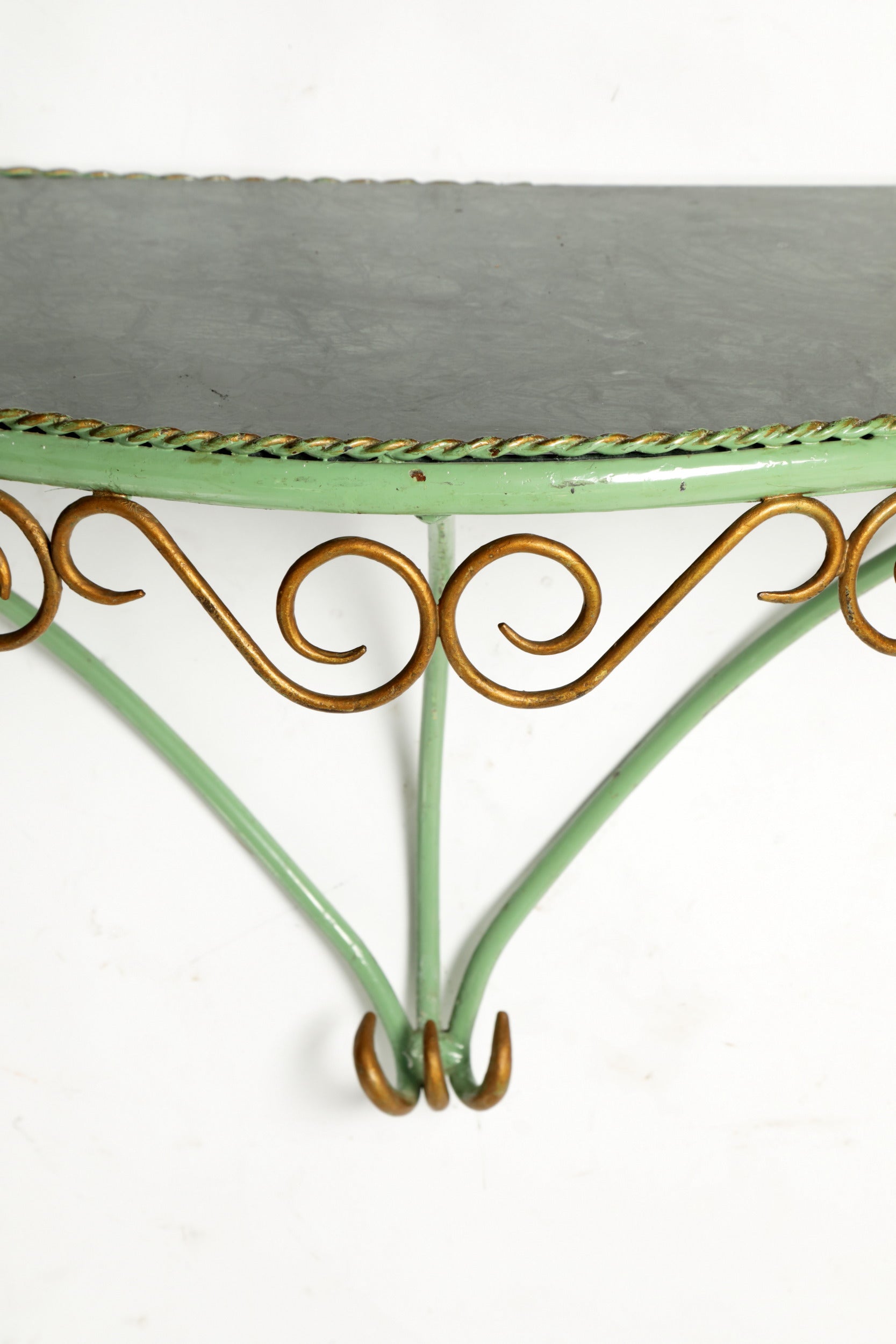 Enamelled iron console table in green marble from the 60s