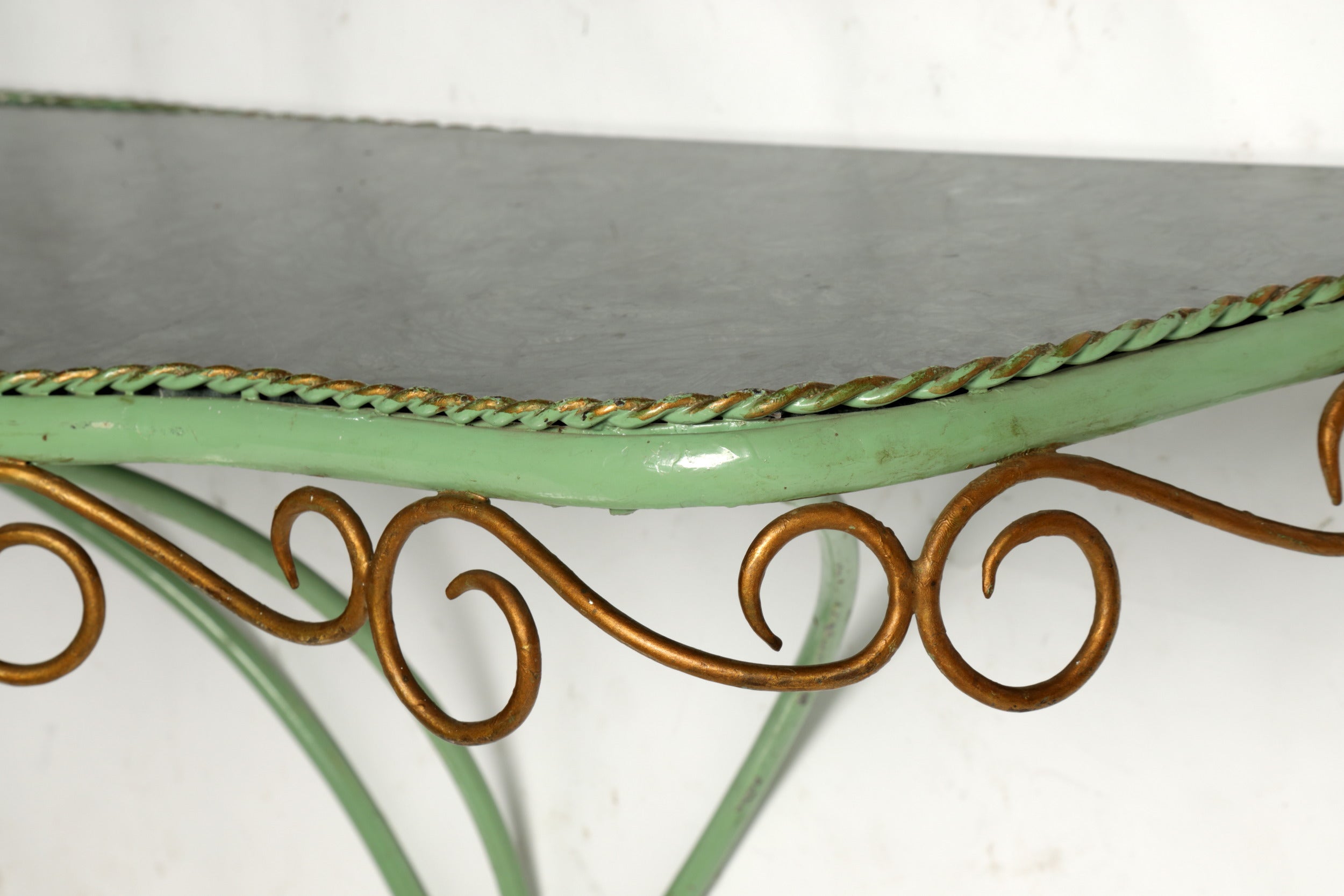 Enamelled iron console table in green marble from the 60s