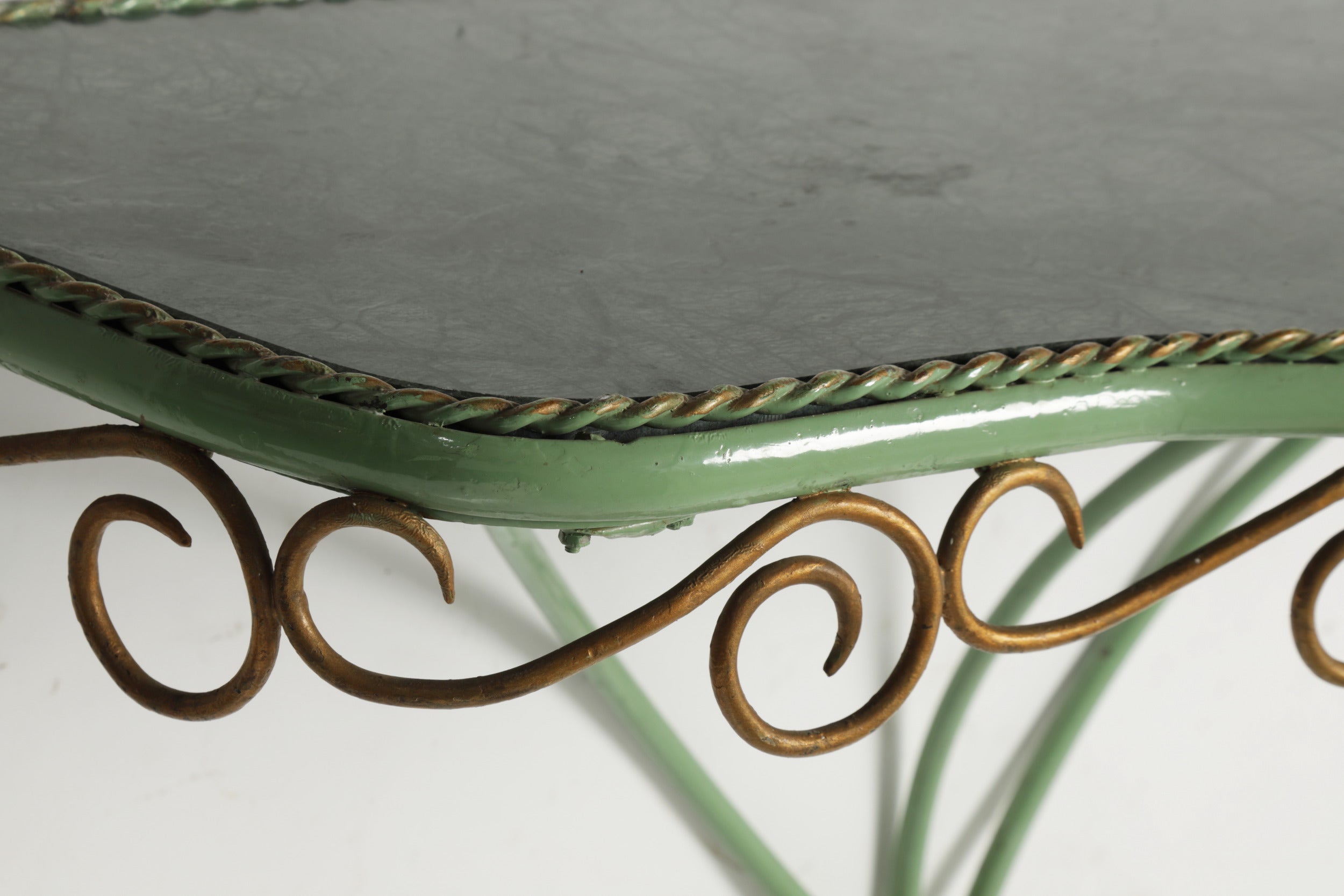Enamelled iron console table in green marble from the 60s