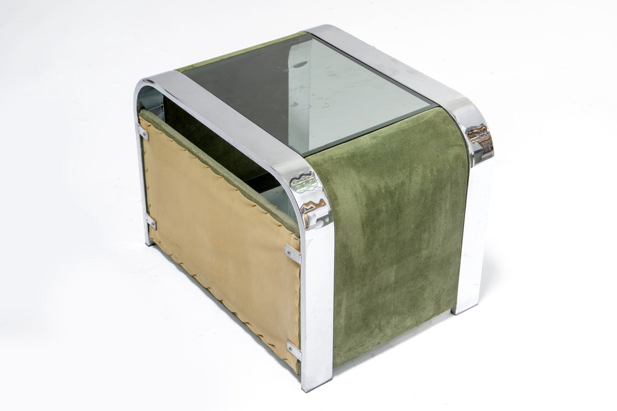 Pair of 1970s bedside tables in green velvet and smoked glass