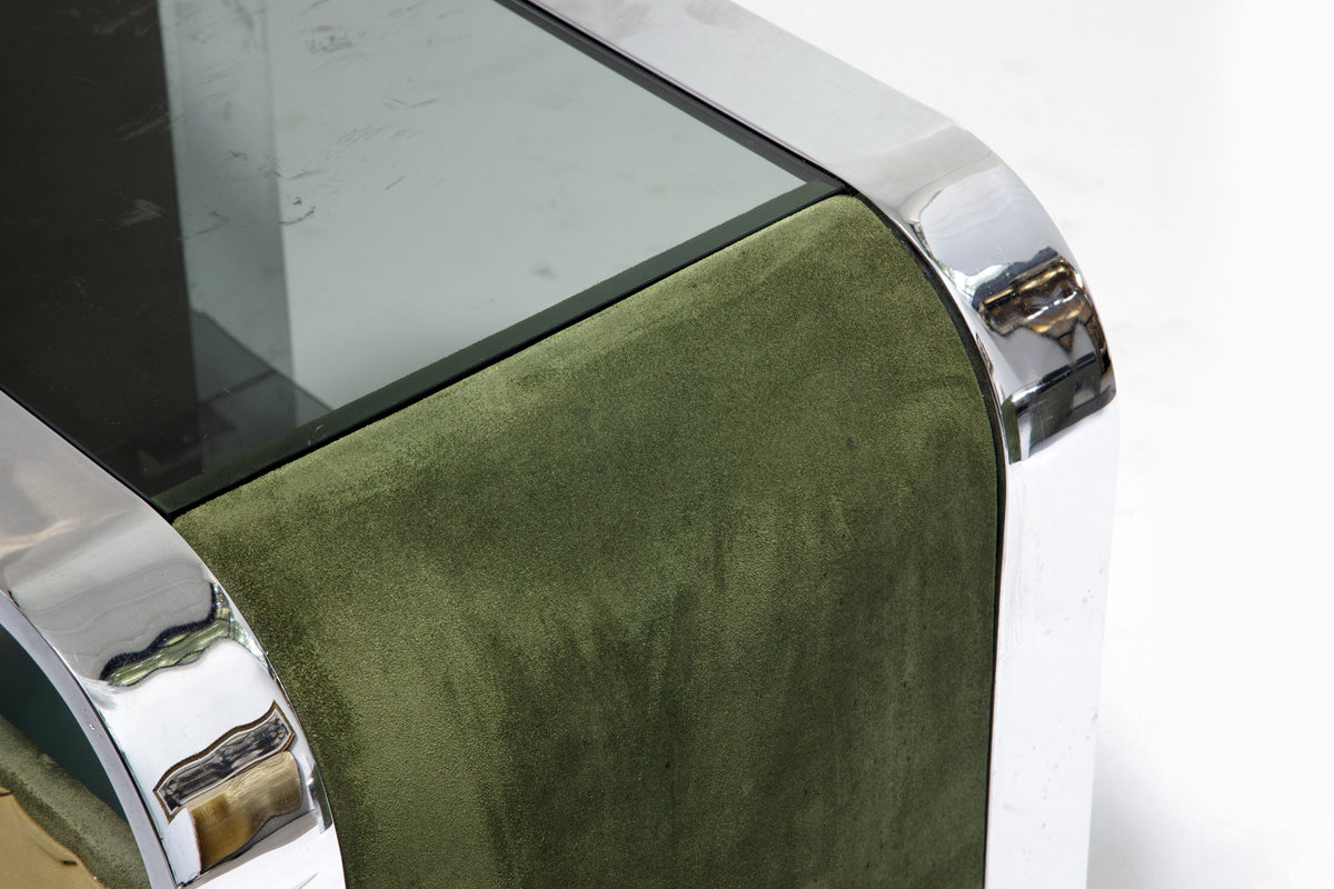 Pair of 1970s bedside tables in green velvet and smoked glass