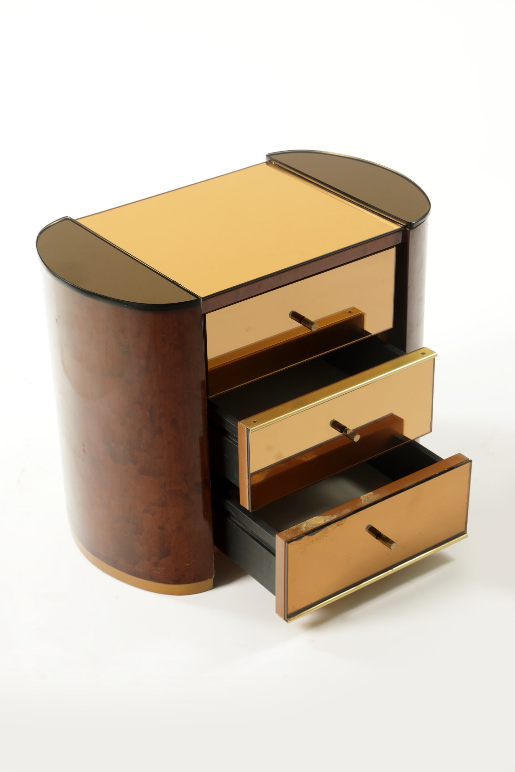 Pair of bedside tables in briarwood and smoked glass from the 70s