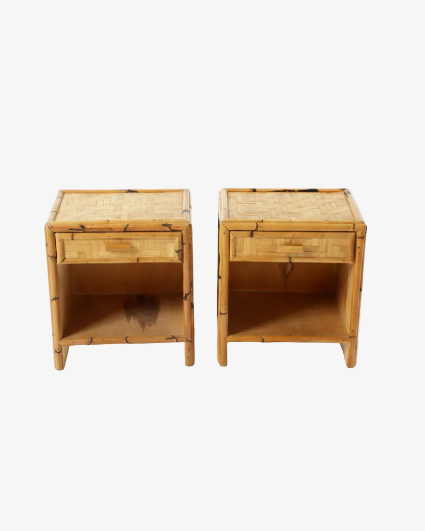 Pair of rattan and bamboo bedside tables from the 70s