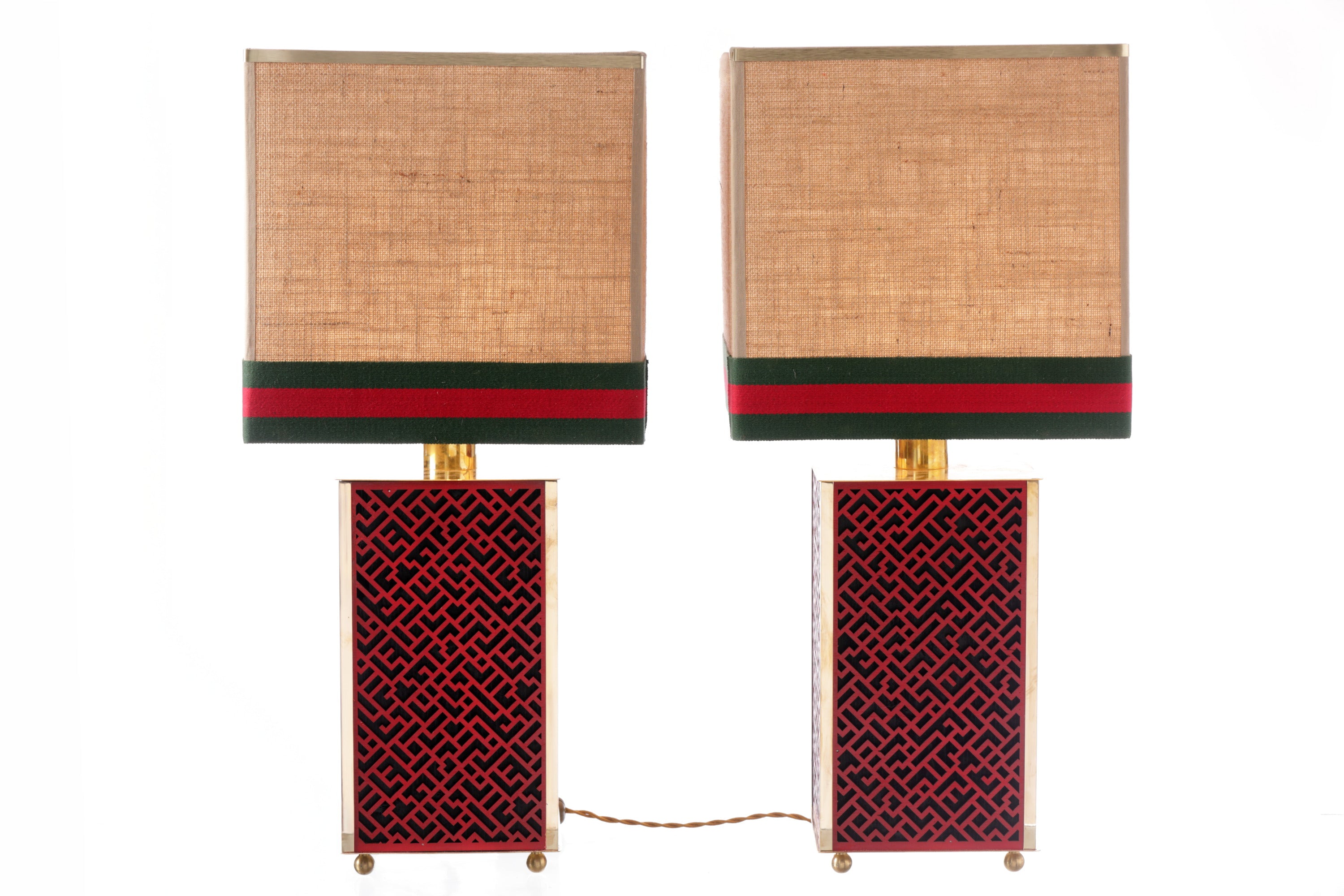 Pair of red perforated table lamps