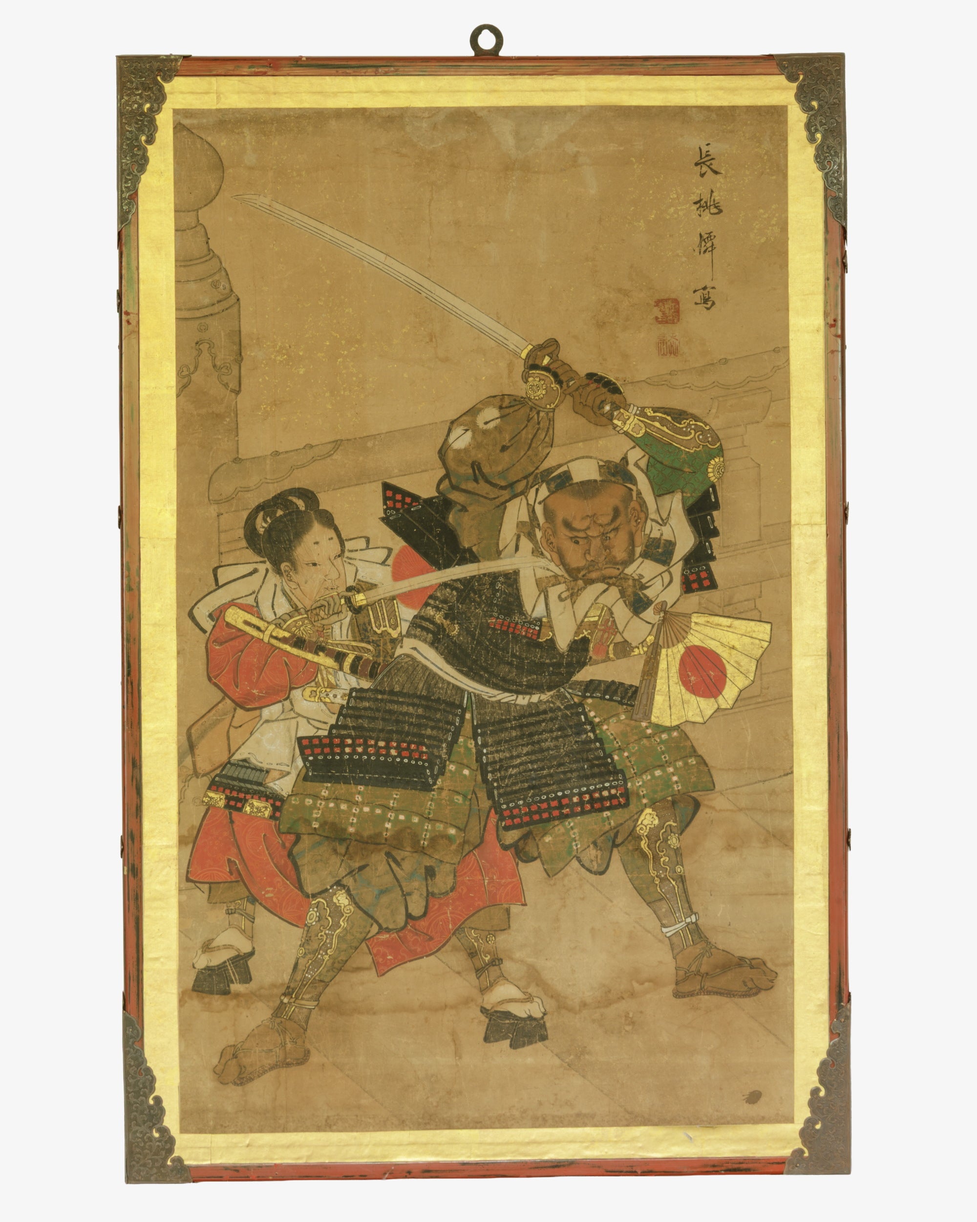 Painting on rice paper: Benkei and Yoshitsune on Gojo Bridge