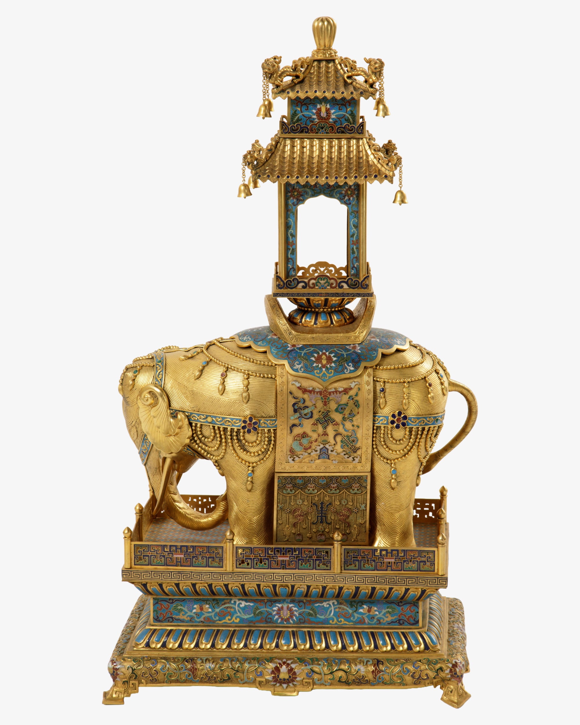 Elefante con pagoda in bronzo dorato e smalti cloisonné
