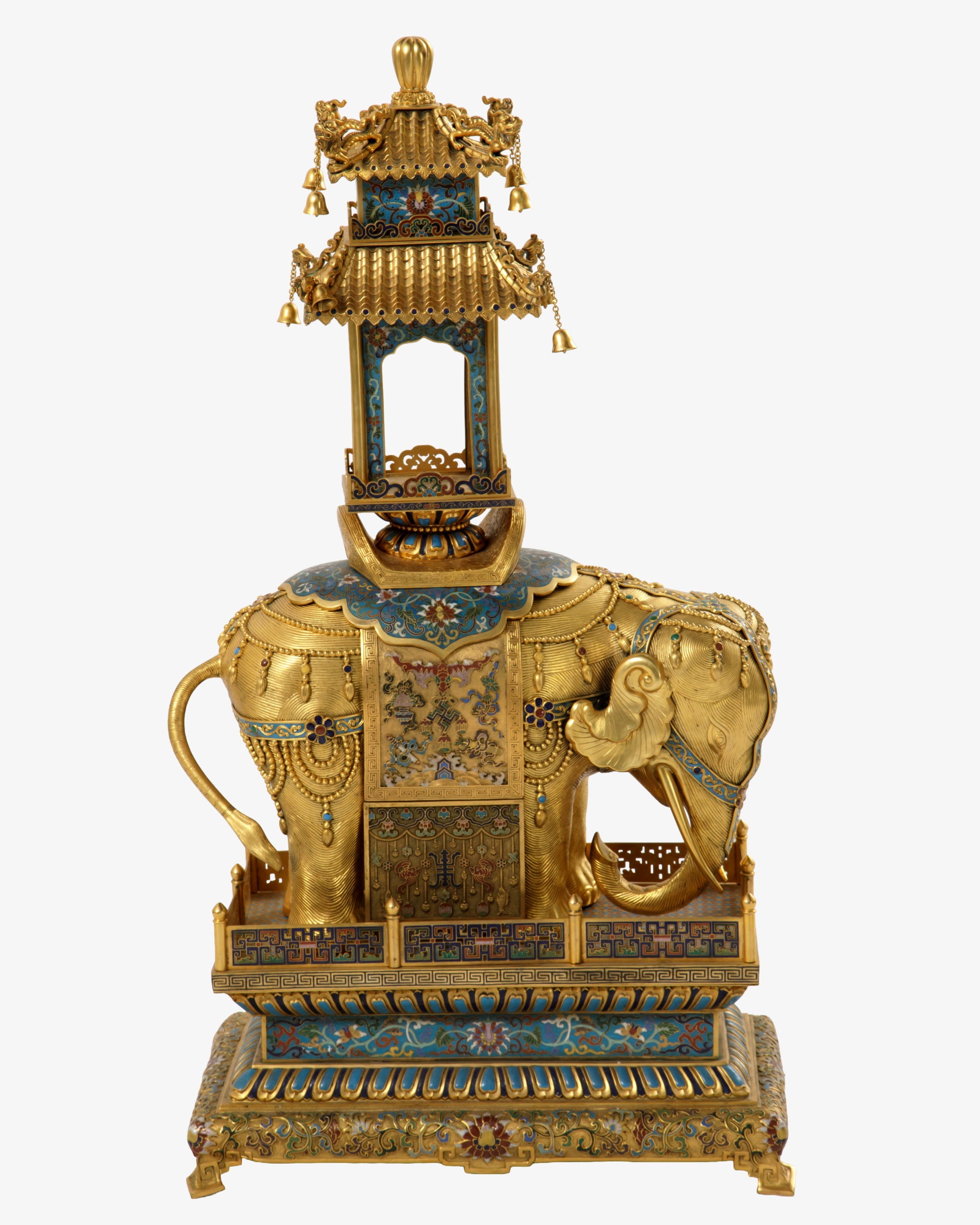 Elefante con pagoda in bronzo dorato e smalti cloisonné