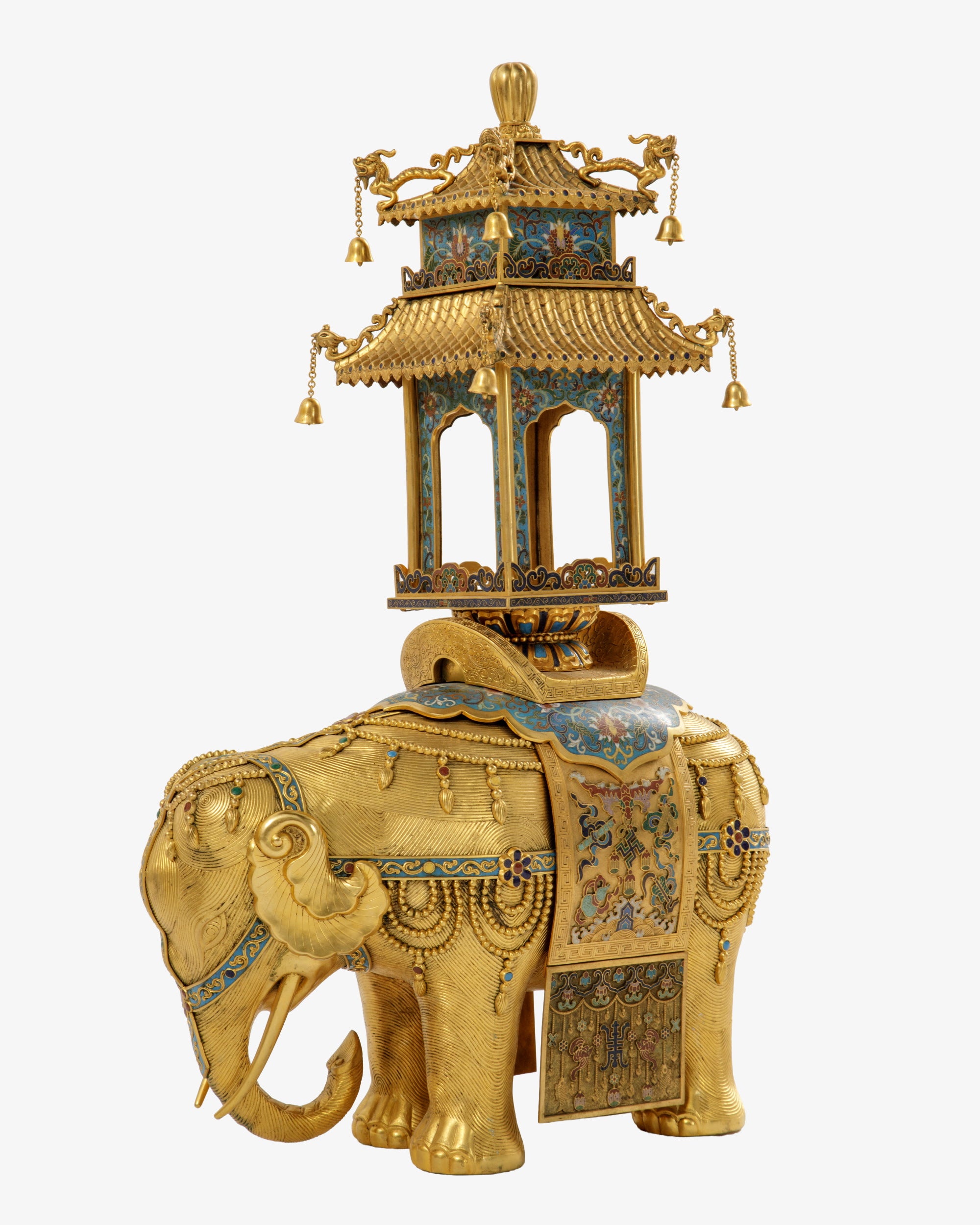 Elefante con pagoda in bronzo dorato e smalti cloisonné