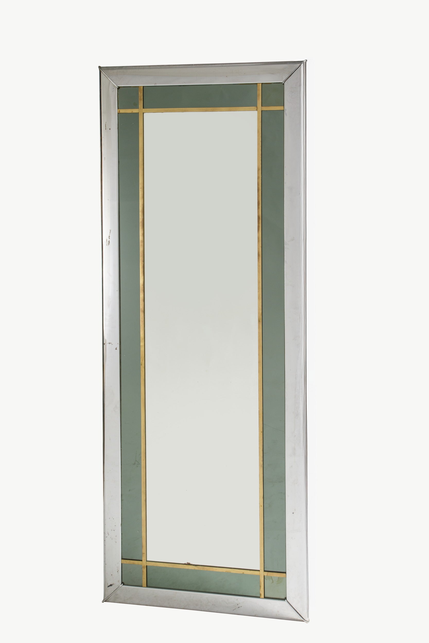 Large 1970s mirror, steel, brass, green glass