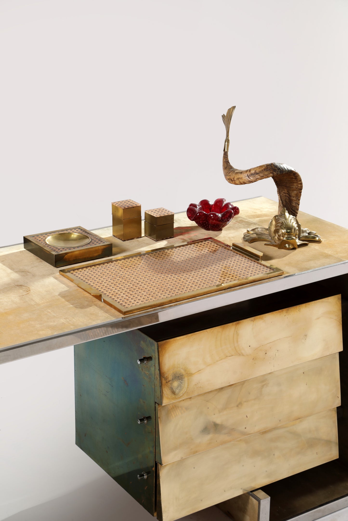 Set Fumo anni 70 ottone e paglia di Vienna