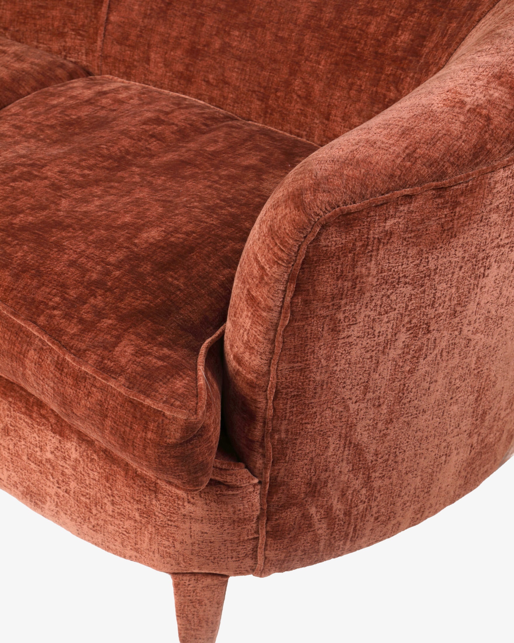 Curved 1950s rust velvet sofa reinterpreted by t r i p l e f