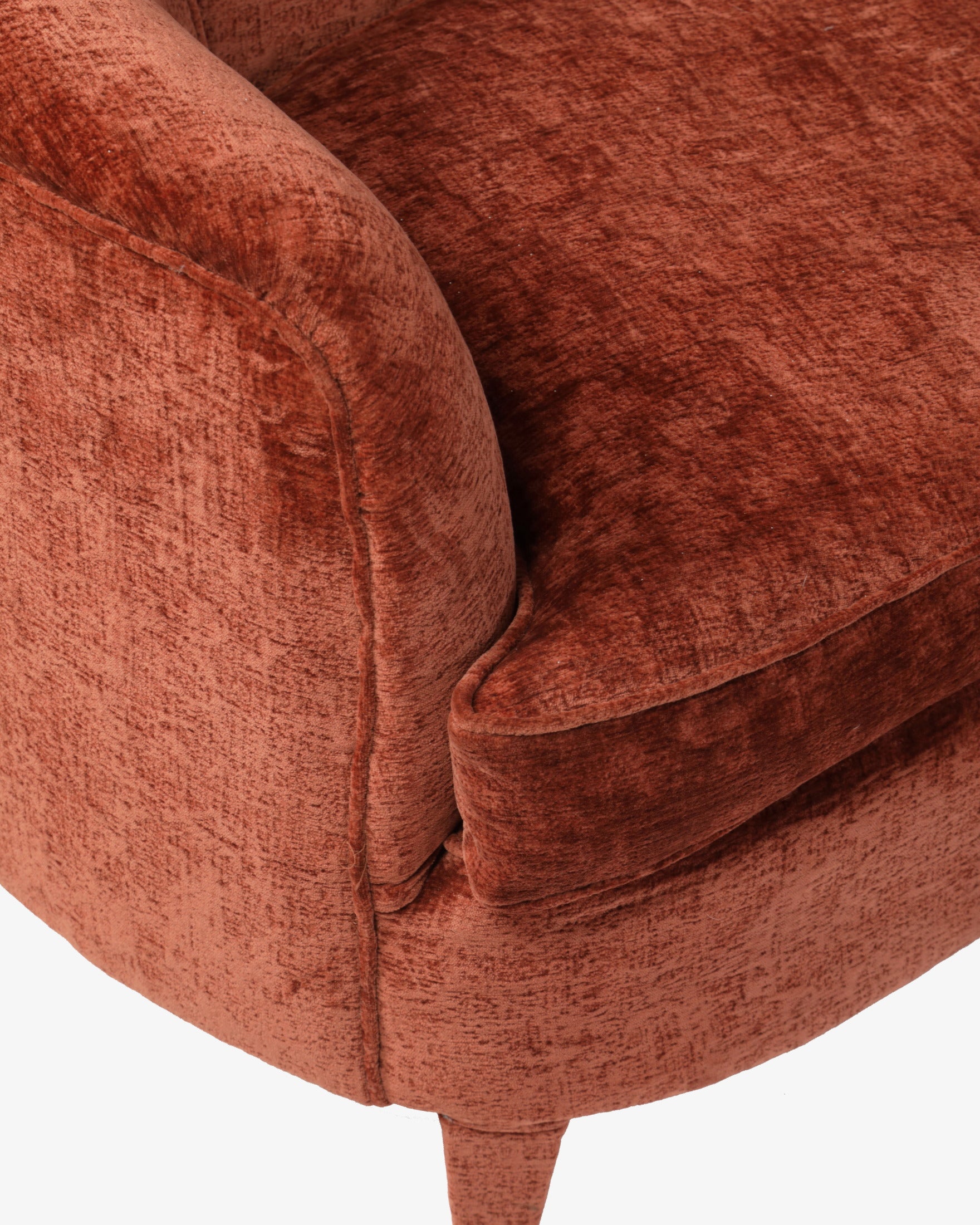 Curved 1950s rust velvet sofa reinterpreted by t r i p l e f
