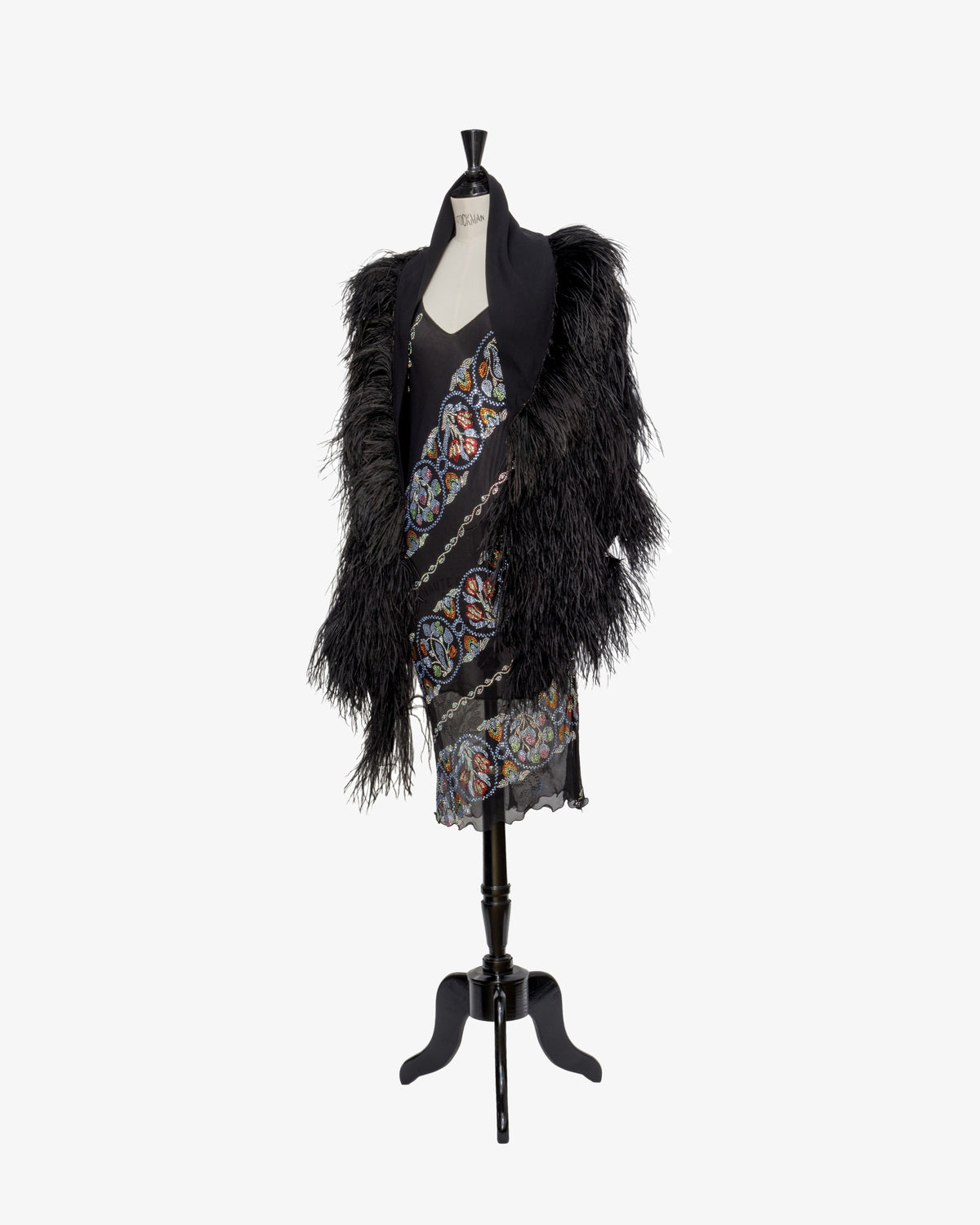 Black crepe shawl with cascading black ostrich feather fringe