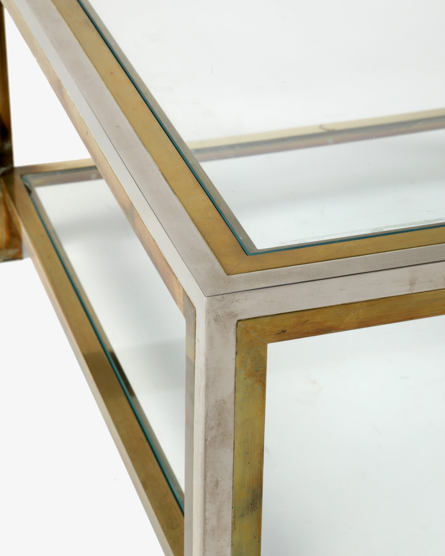 Tavolo salotto quadrato anni 70 ottone e acciaio