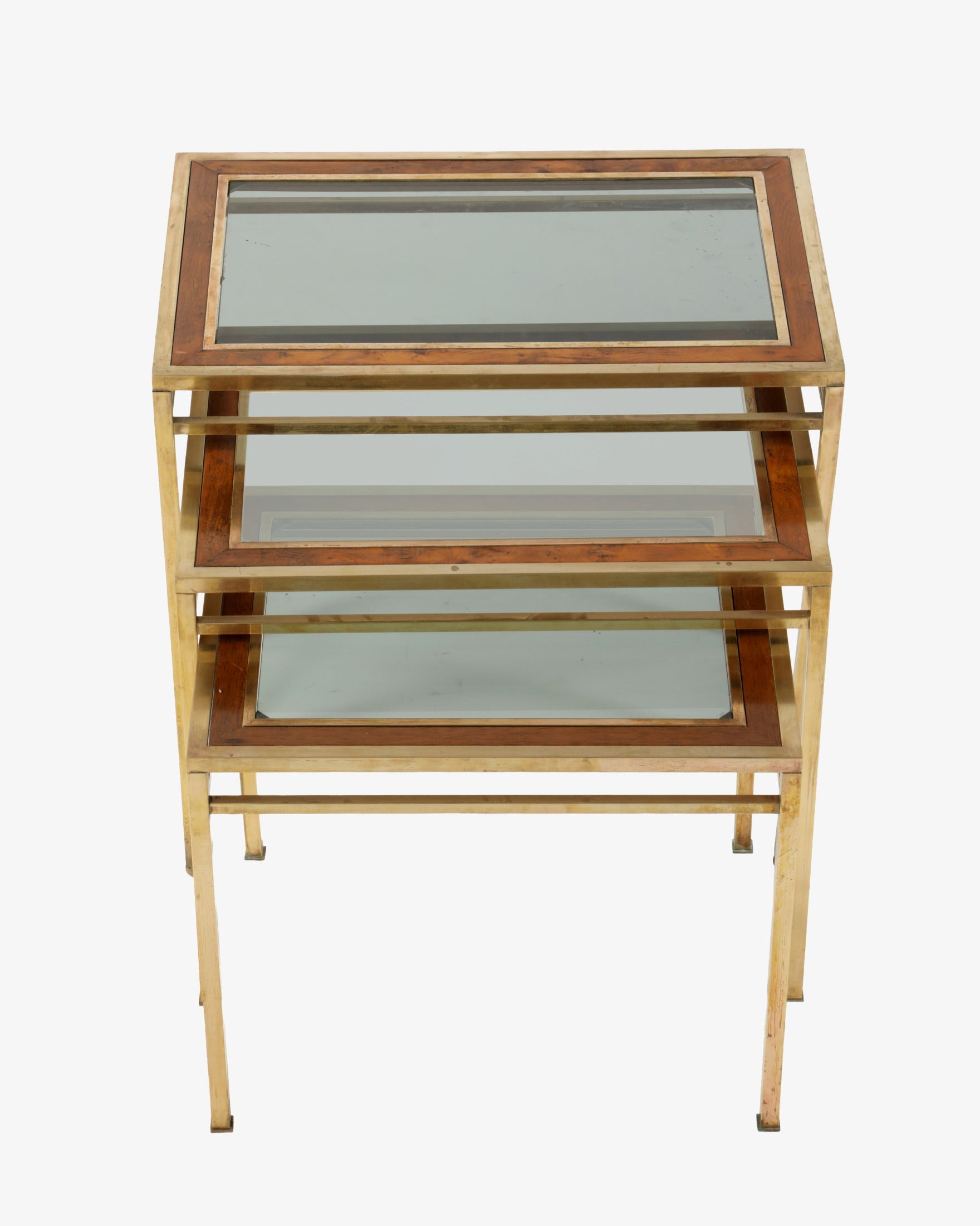Set of three burr wood and brass side tables from the 70s