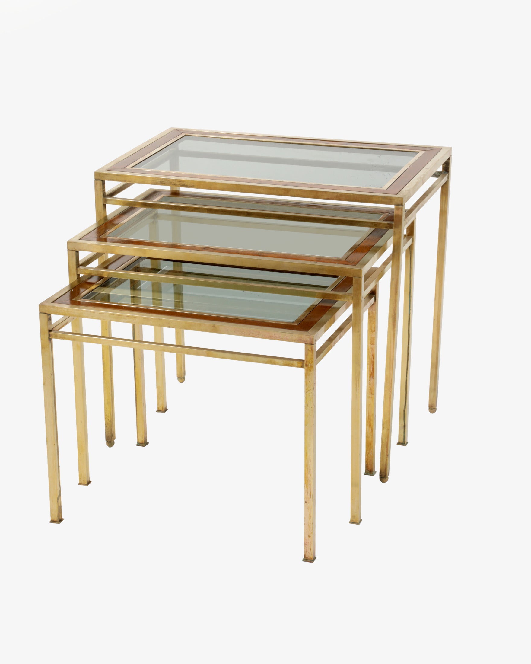 Set of three burr wood and brass side tables from the 70s