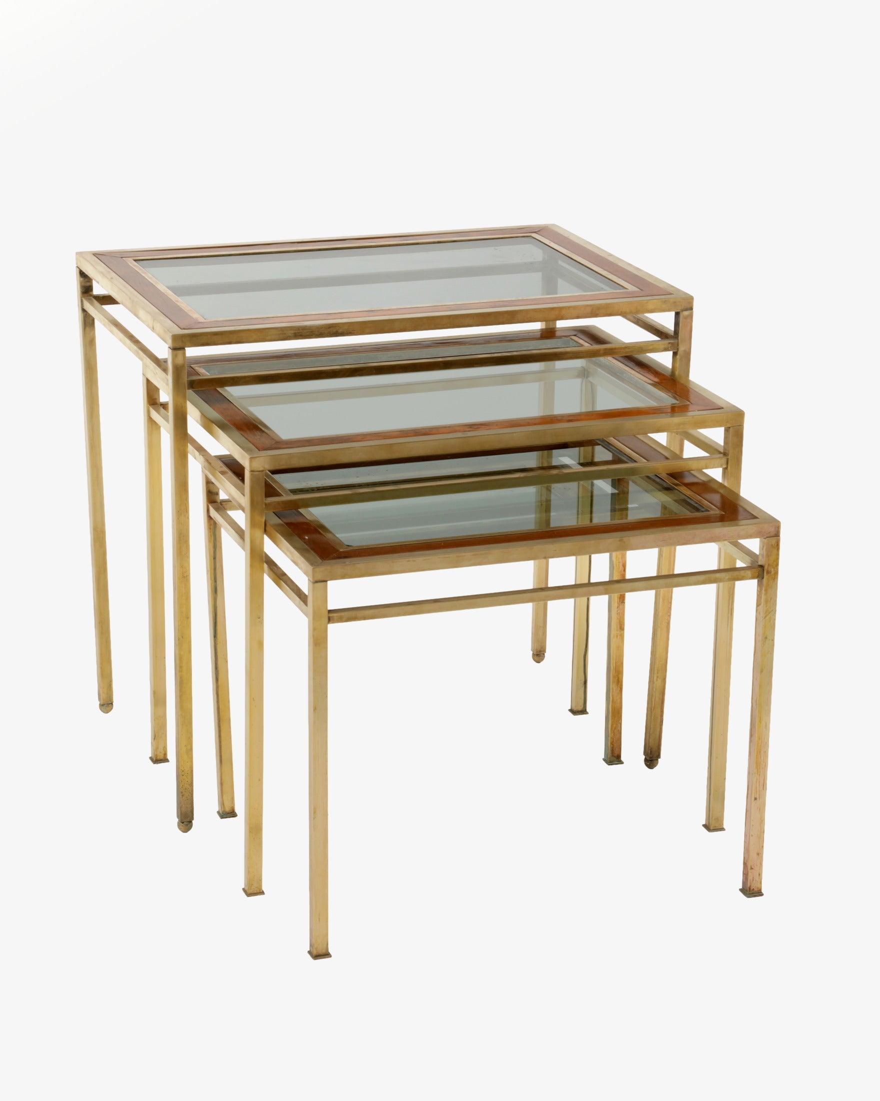 Set of three burr wood and brass side tables from the 70s