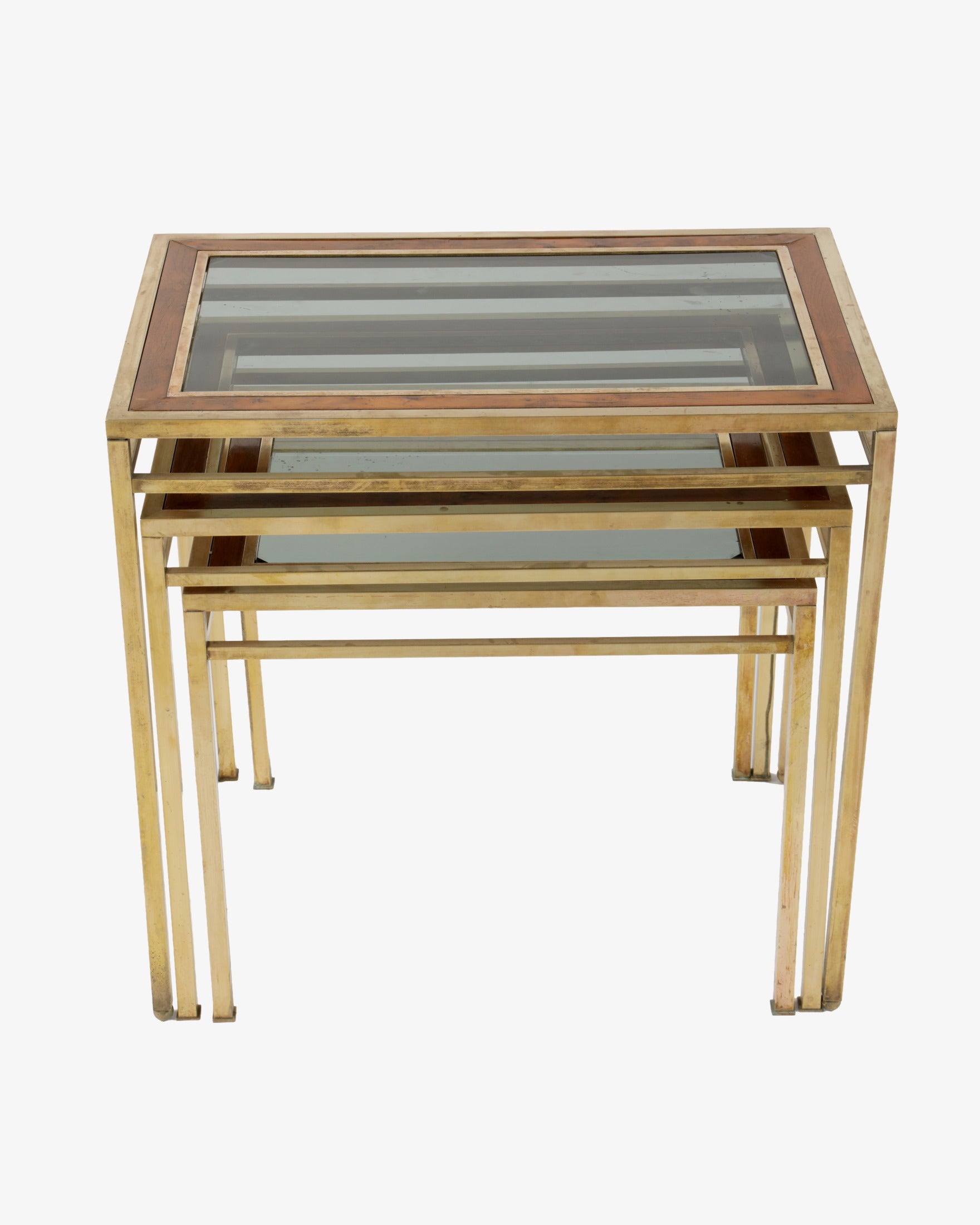 Set of three burr wood and brass side tables from the 70s