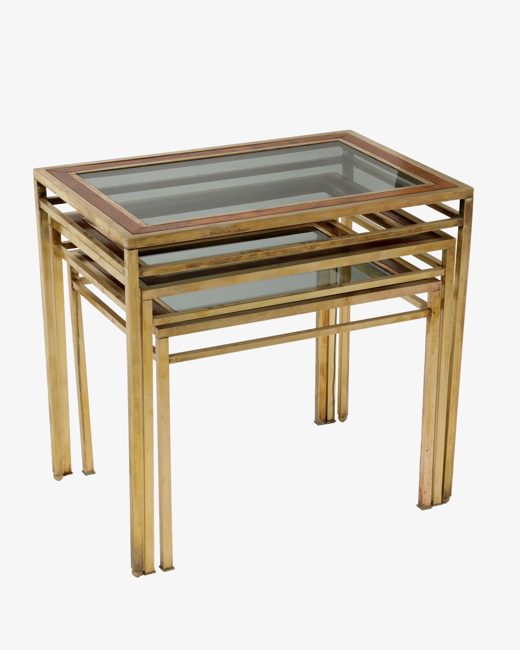 Set of three burr wood and brass side tables from the 70s
