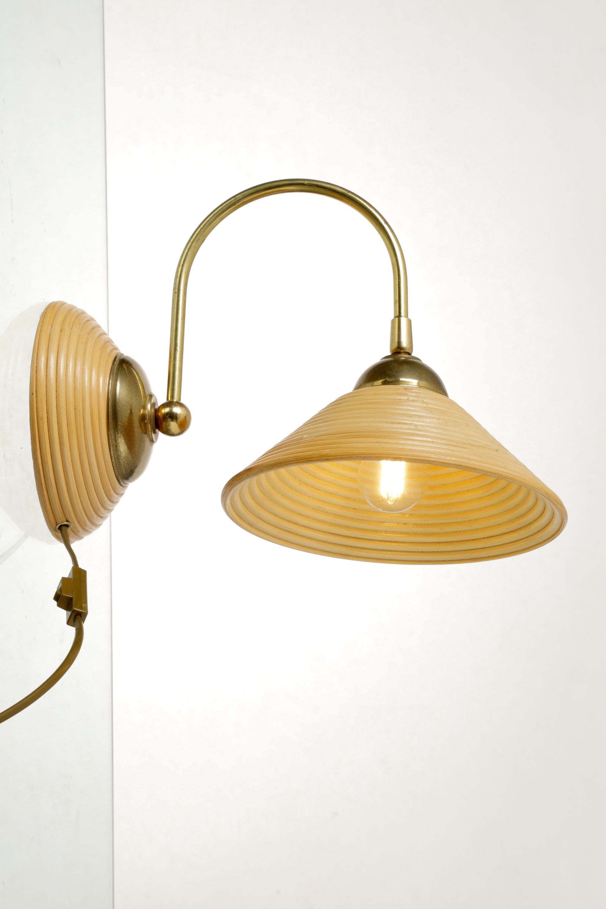 70s rattan and brass wall lamp