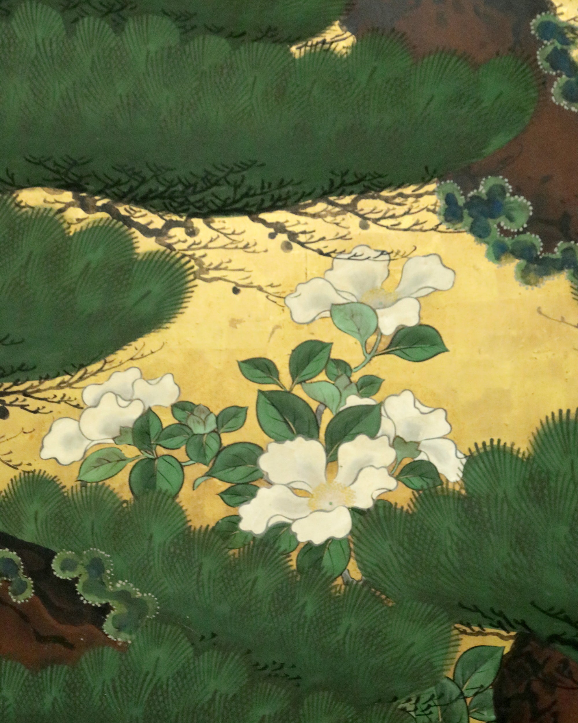 Japanese six-panel Byōbu Matsu-ni-Kinji screen with pines on a gold ground