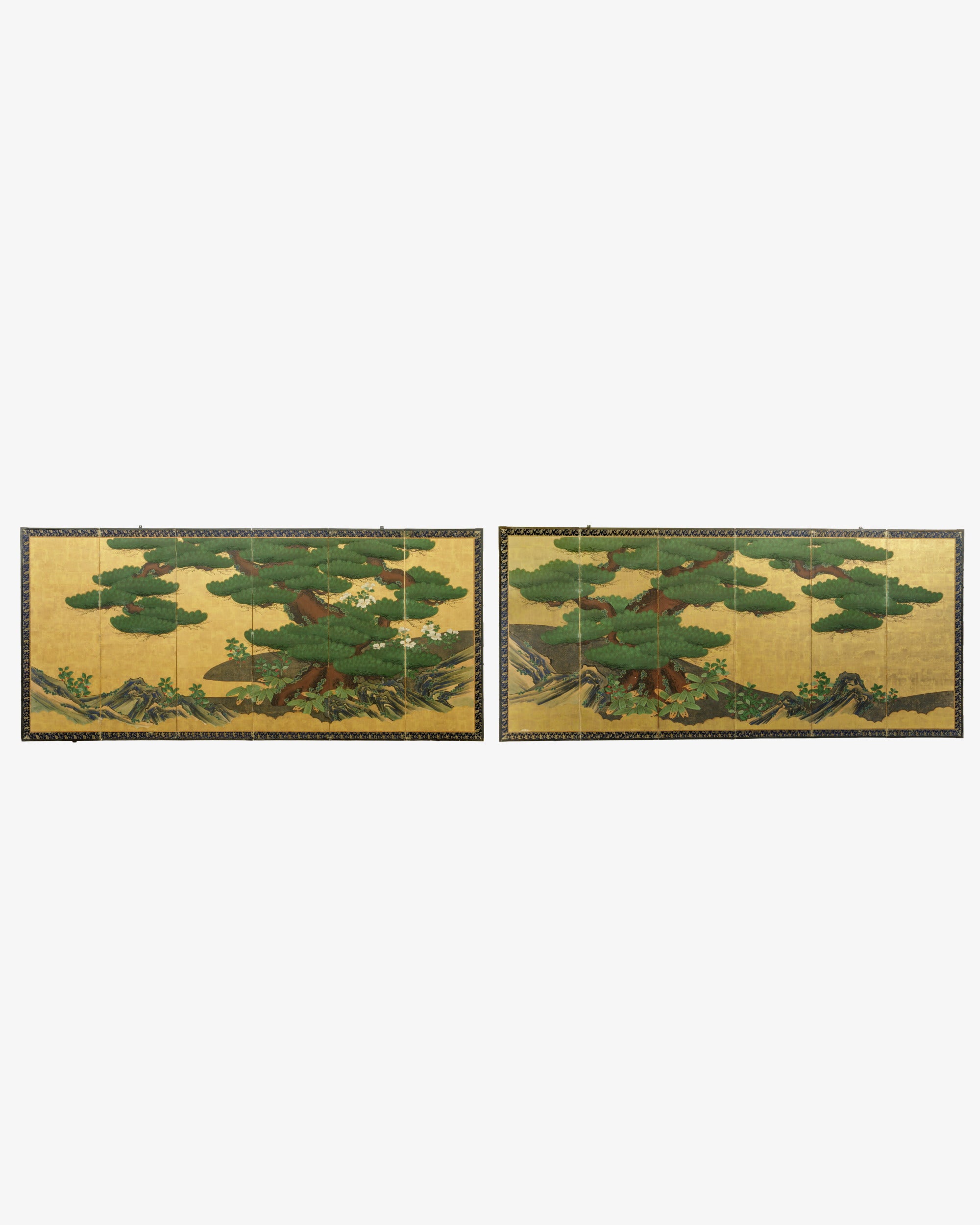 Japanese six-panel Byōbu Matsu-ni-Kinji screen with pines on a gold ground