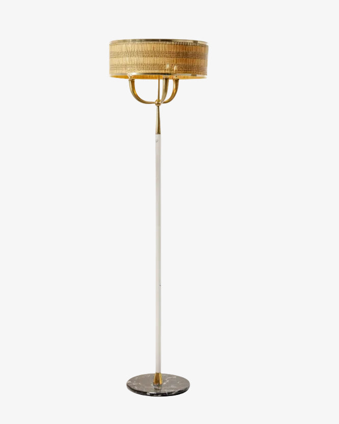 1950s floor lamp, white-stained brass, straw lampshade