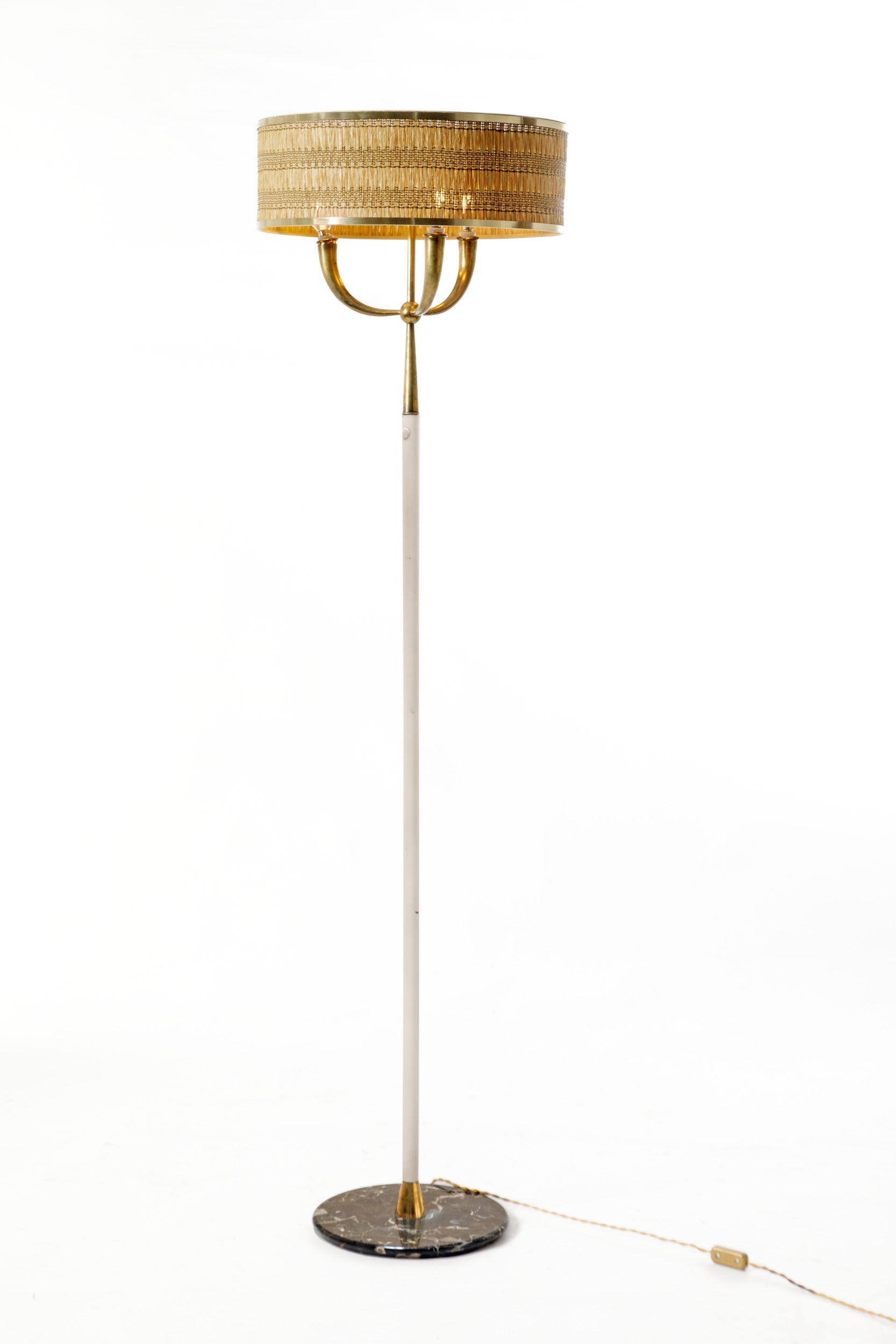 1950s floor lamp, white-stained brass, straw lampshade