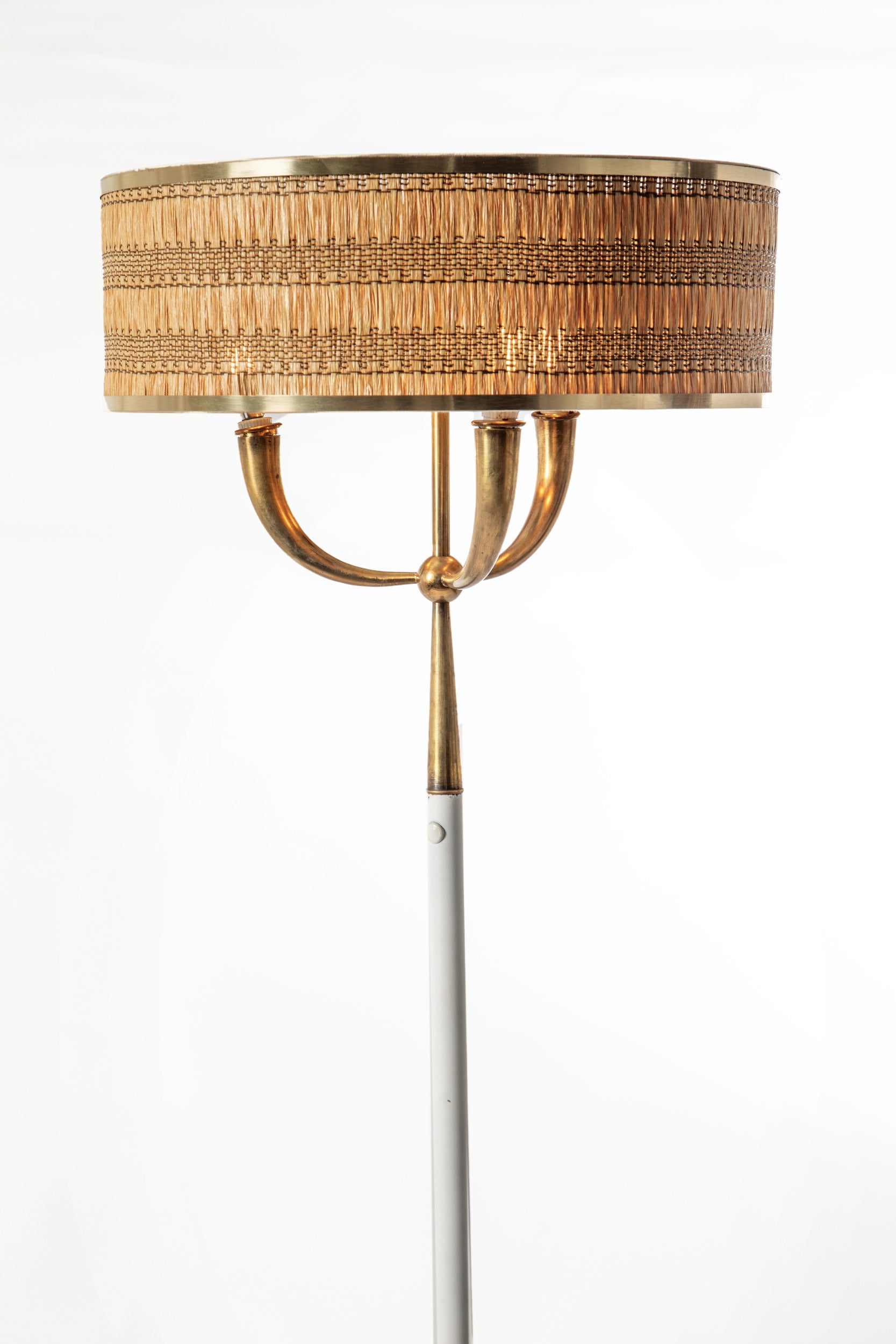 1950s floor lamp, white-stained brass, straw lampshade
