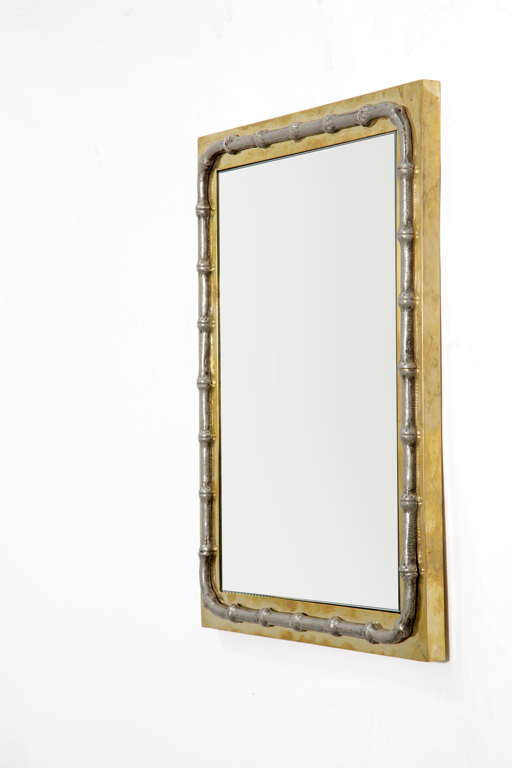Small 1970s silver-plated brass and bamboo mirror