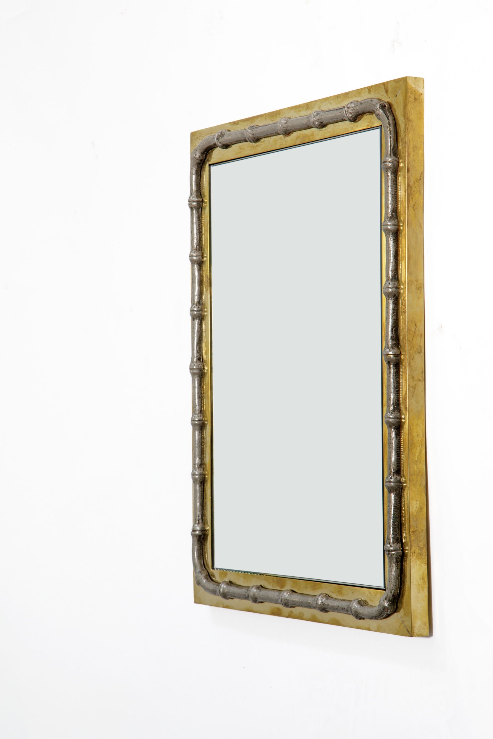 Small 1970s silver-plated brass and bamboo mirror