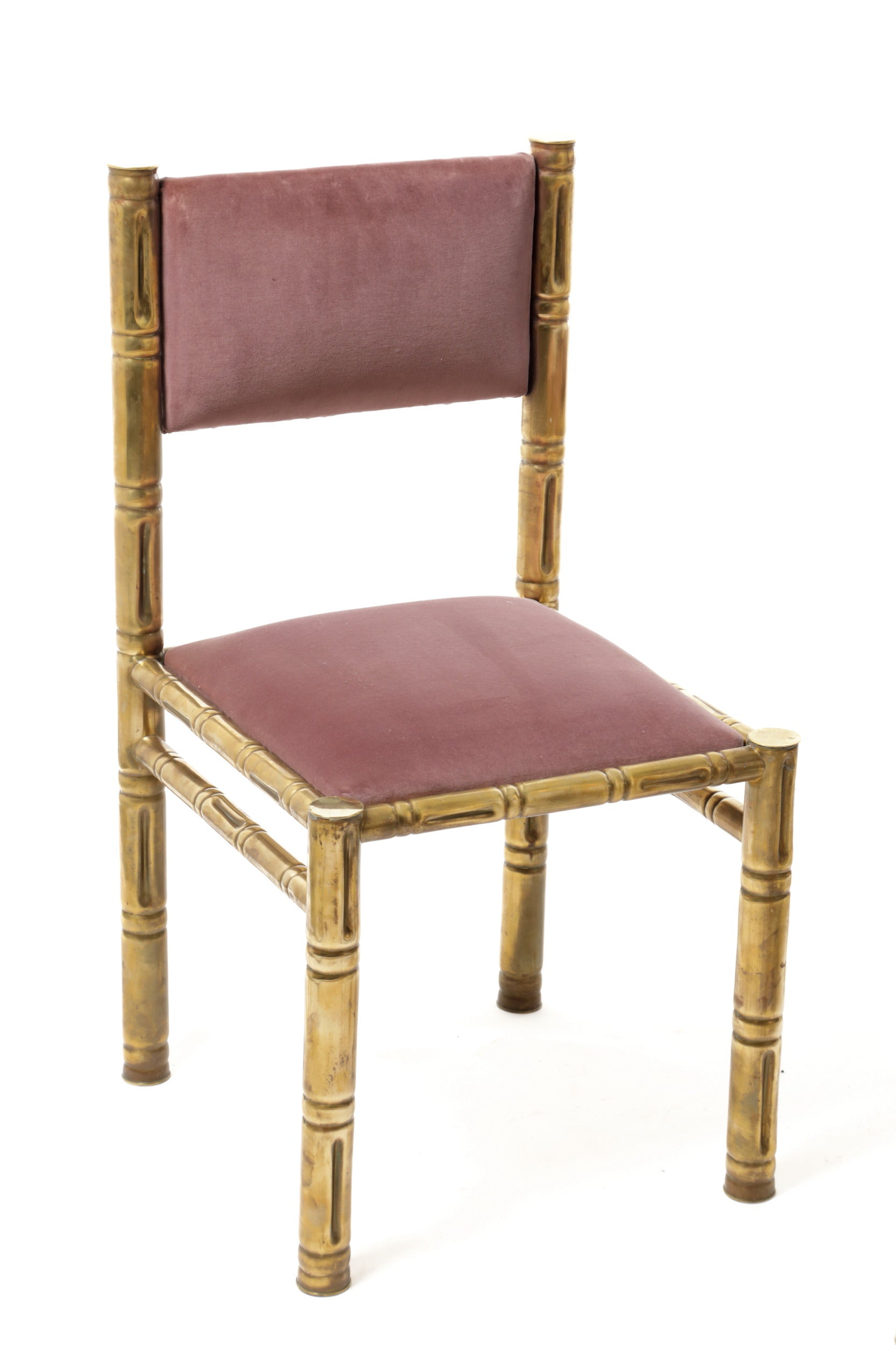 Four bamboo chairs brass seat mauve 70s