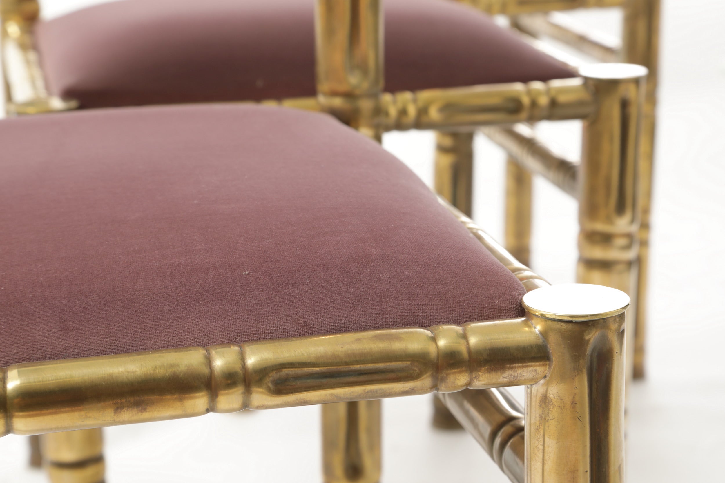 Four bamboo chairs brass seat mauve 70s