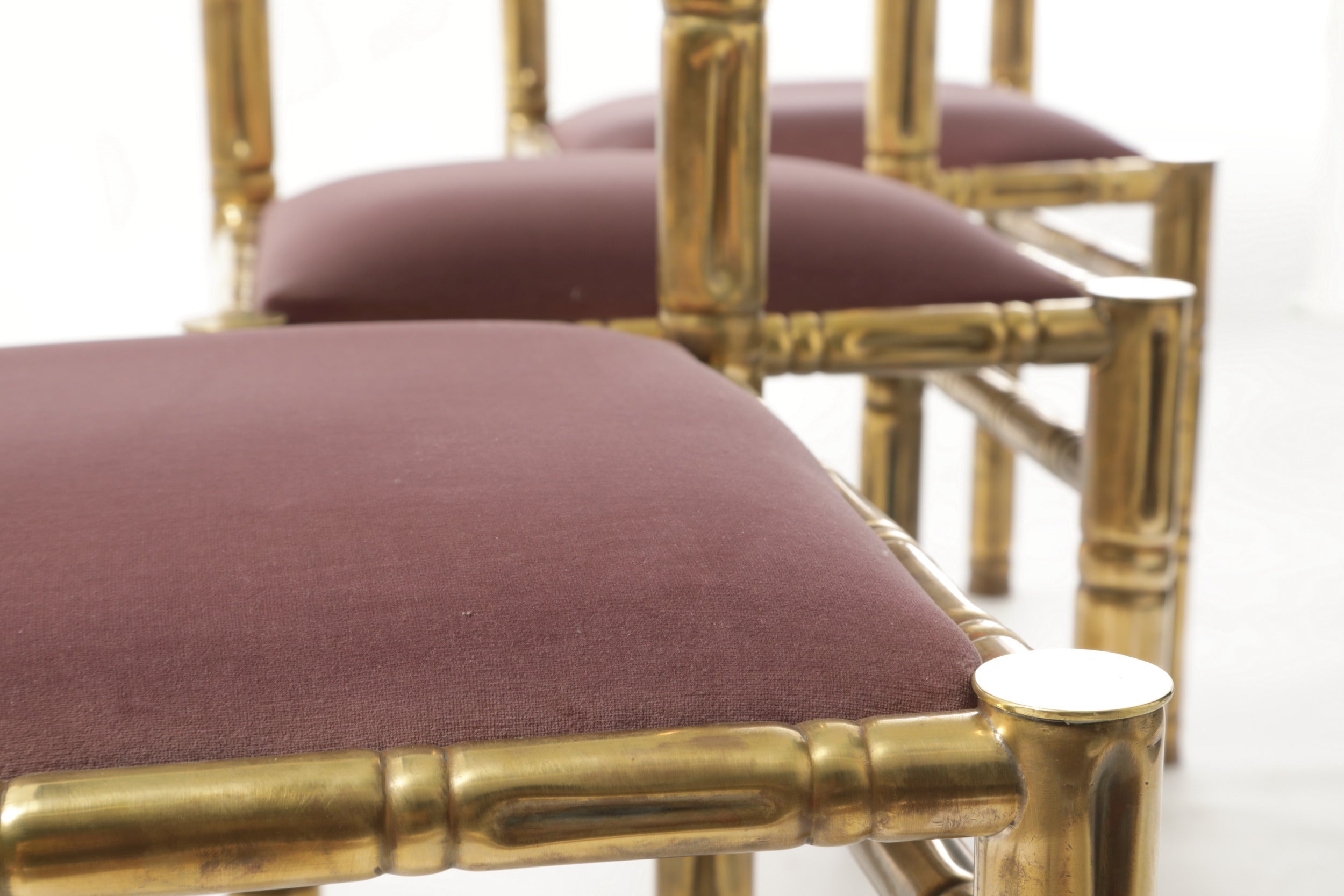 Four bamboo chairs brass seat mauve 70s
