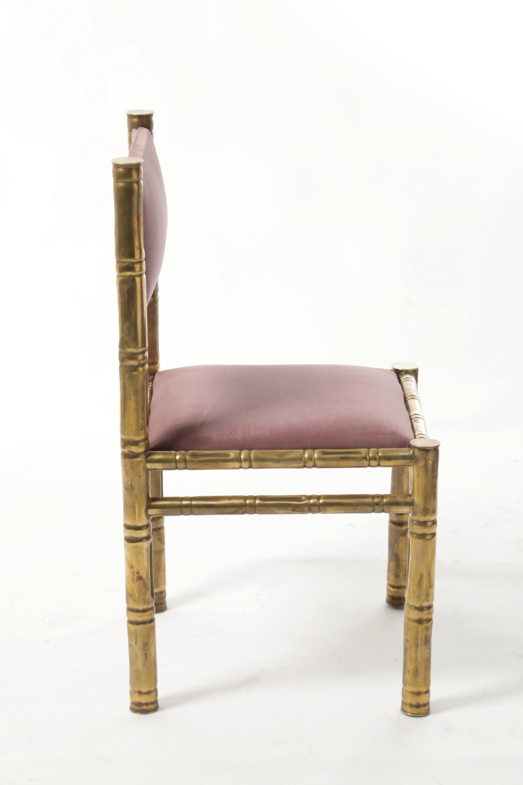 Four bamboo chairs brass seat mauve 70s