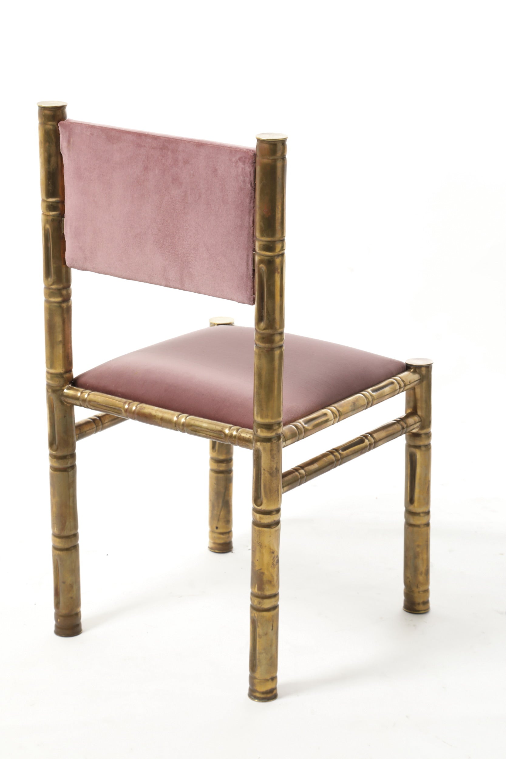 Four bamboo chairs brass seat mauve 70s