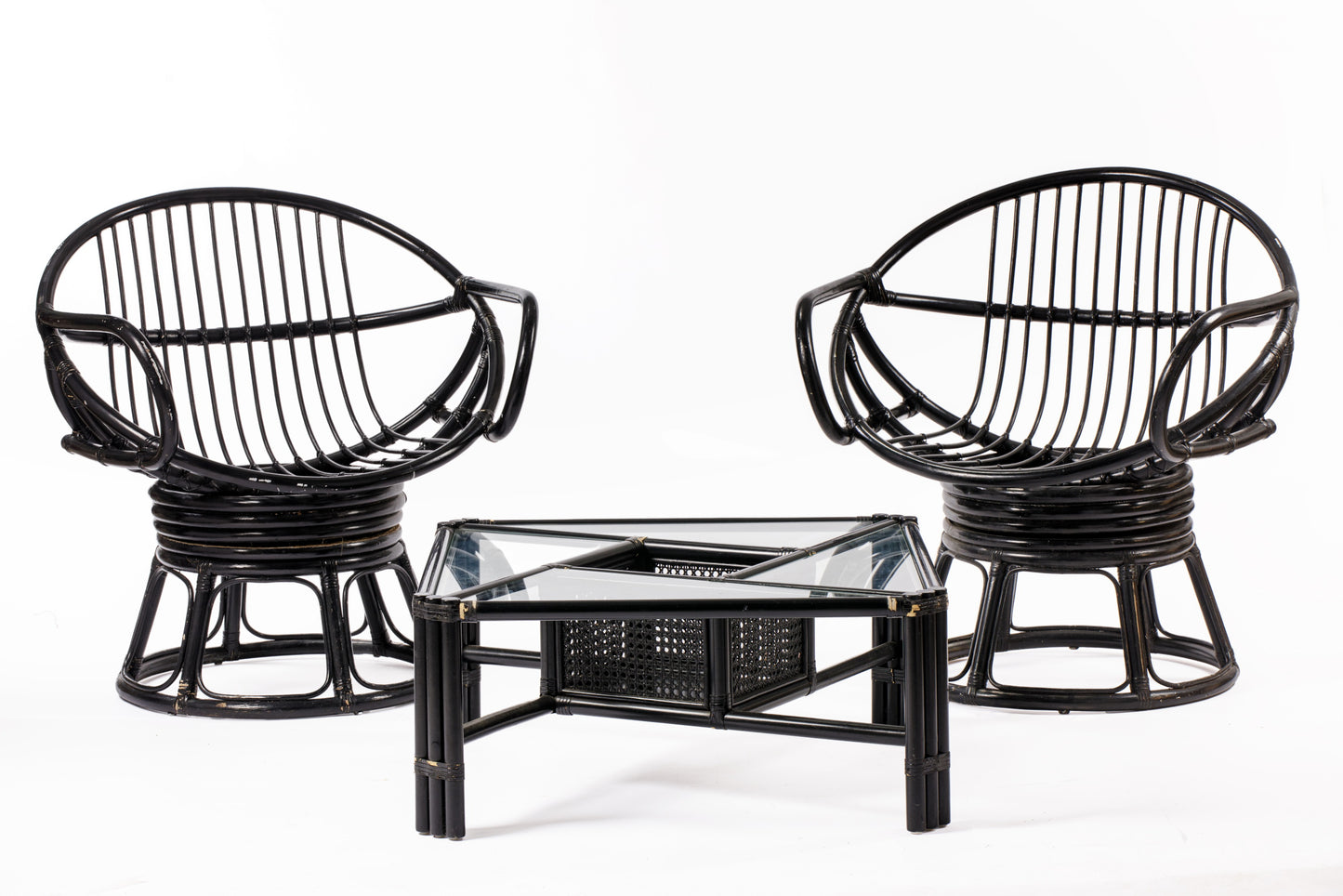 Set of four 1960s black lacquered bamboo armchairs and table