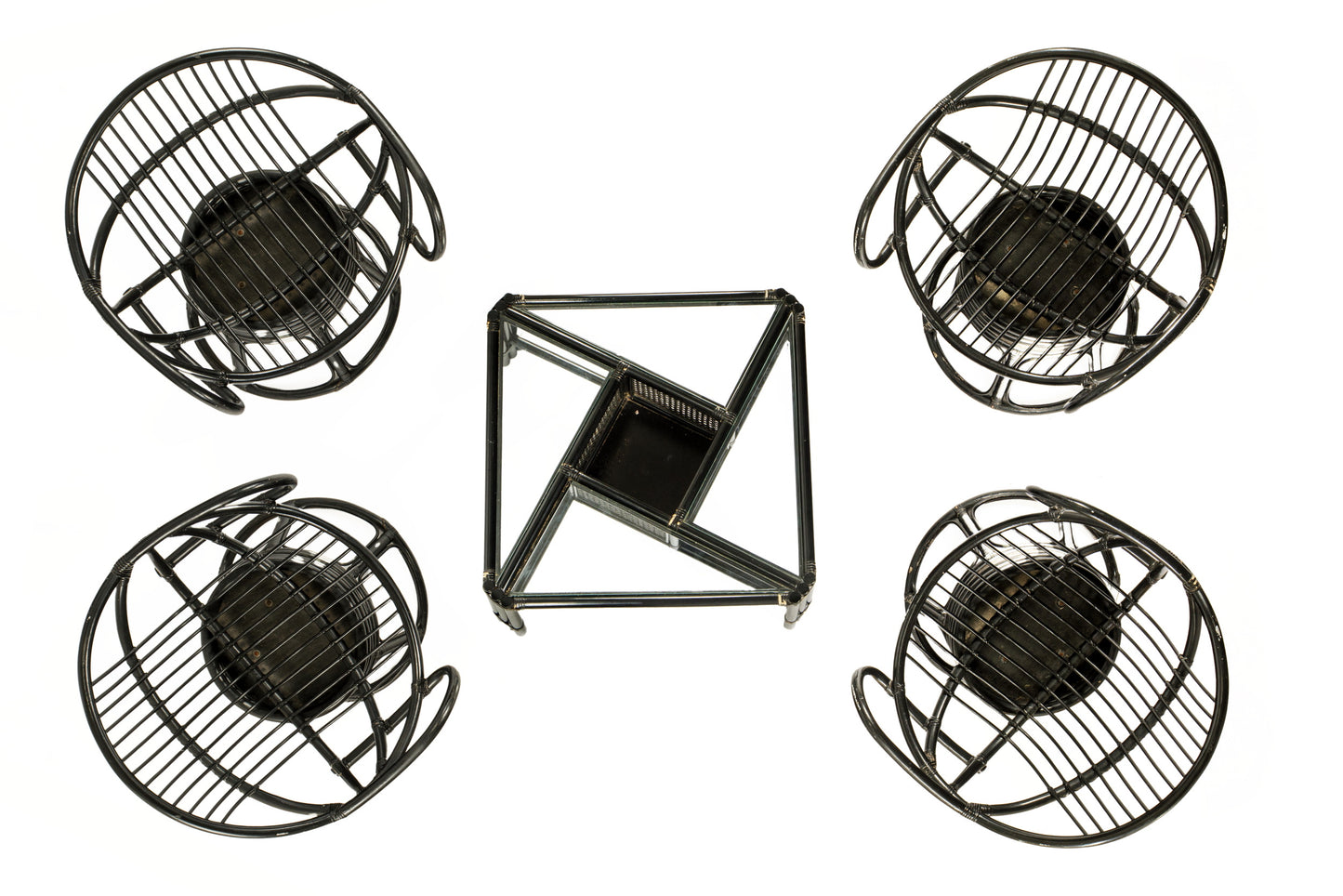 Set of four 1960s black lacquered bamboo armchairs and table
