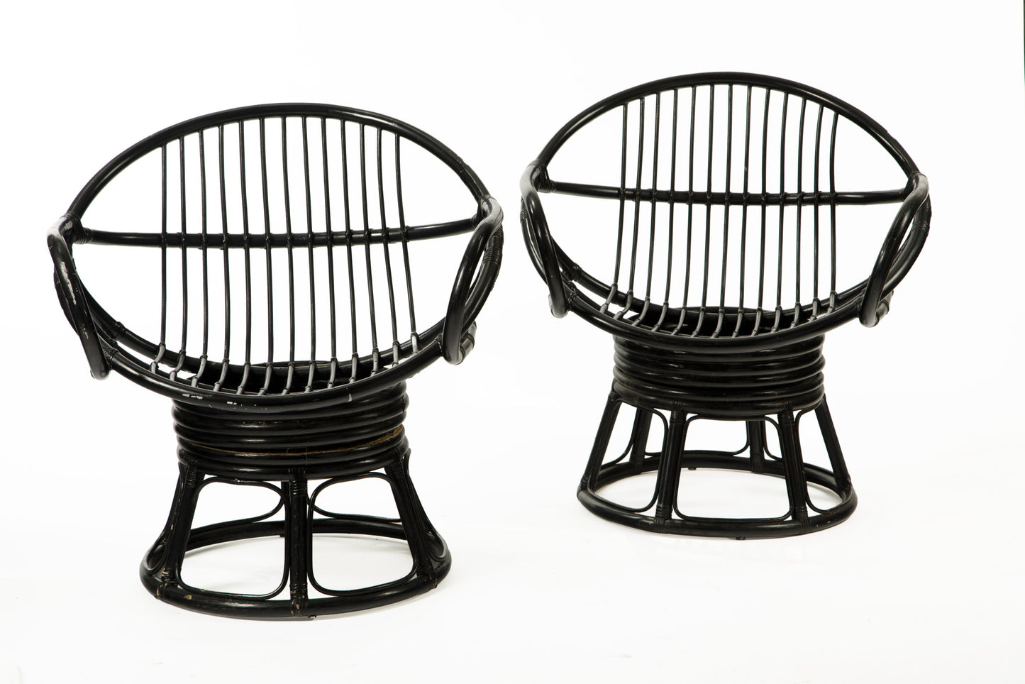 Set of four 1960s black lacquered bamboo armchairs and table